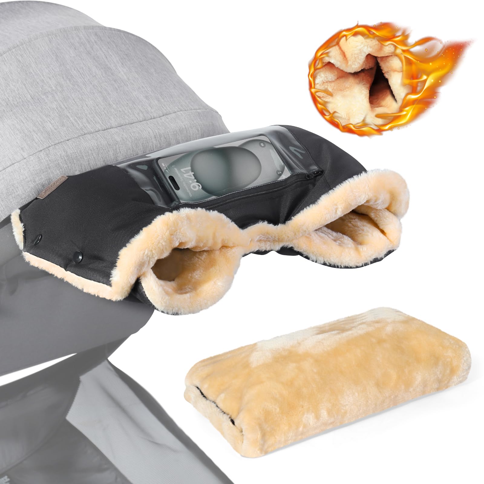 Orzbow stroller mittens attached to handle offer cozy warmth on outdoor walks.