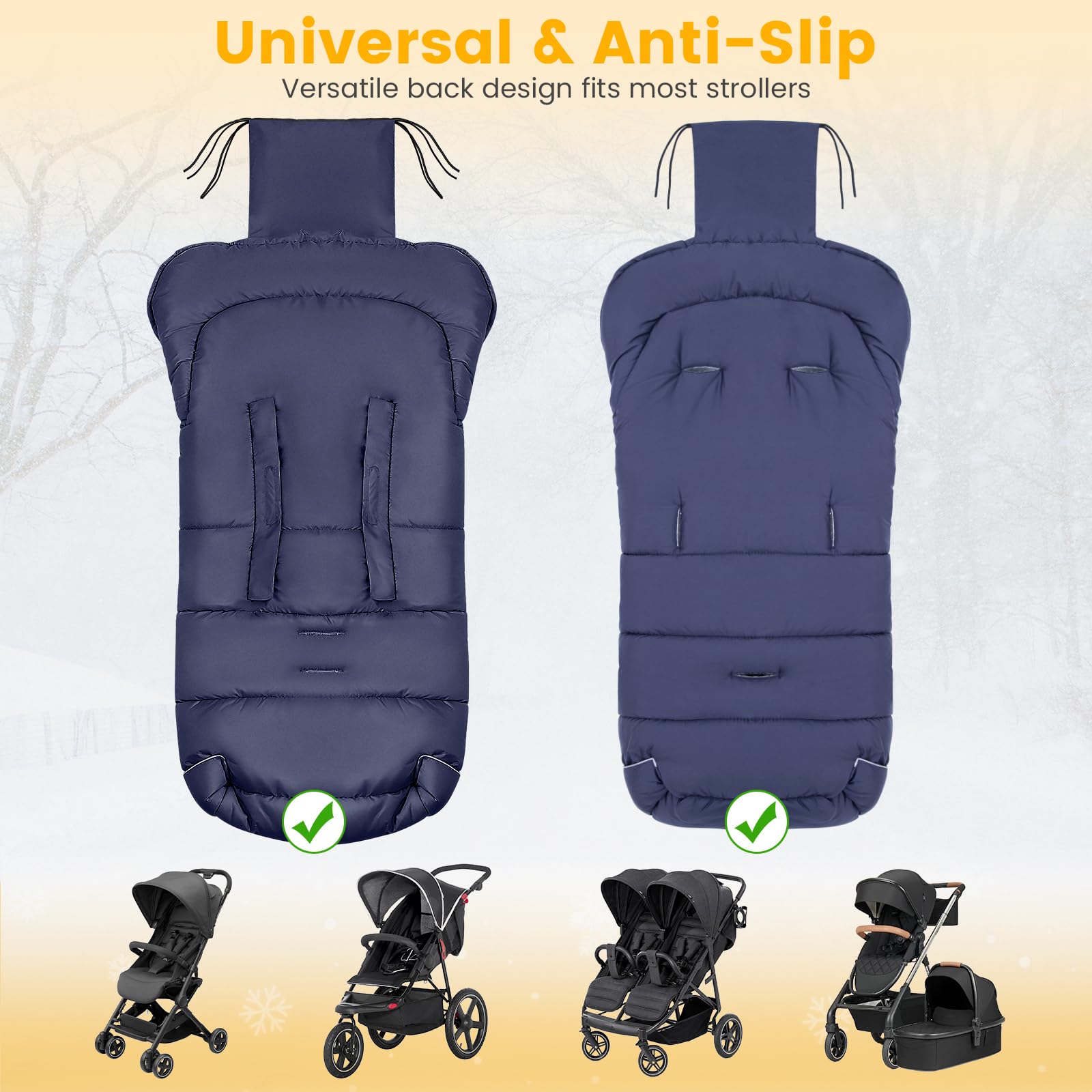 Orzbow Footmuff universal harness slots secure baby in most strollers.