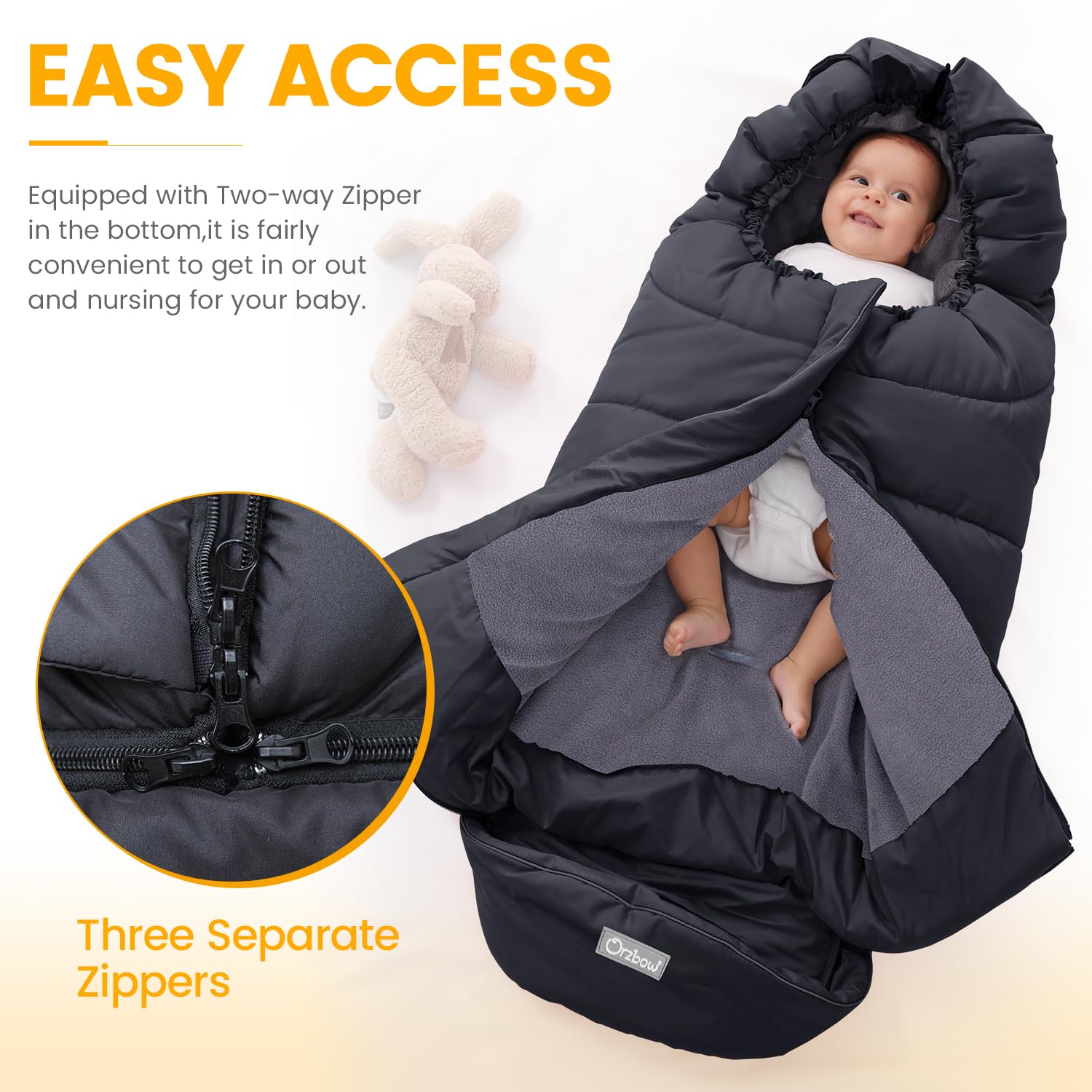 Orzbow Footmuff zip design for quick diaper or clothing changes