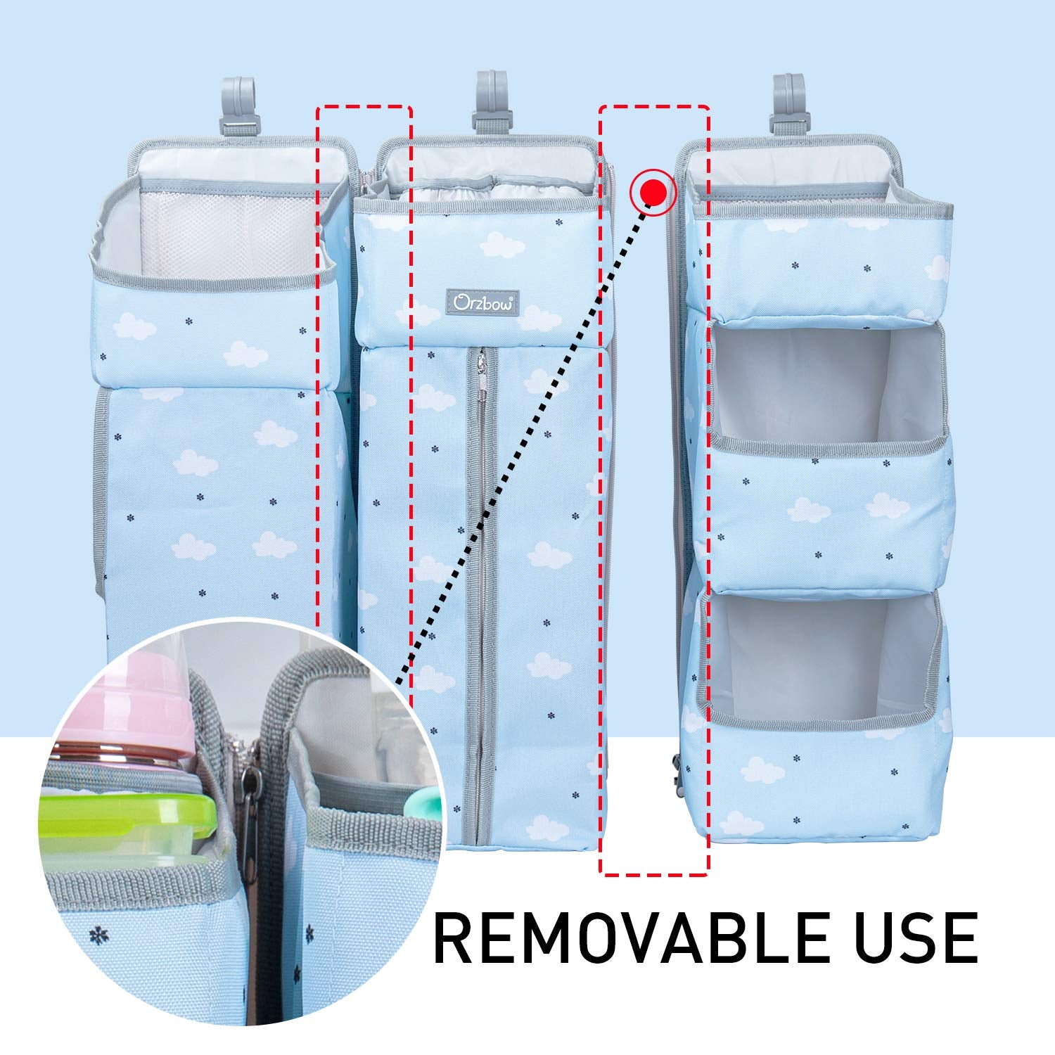 Orzbow large compartments arranged with diapers and wipes for a ready-to-go solution.