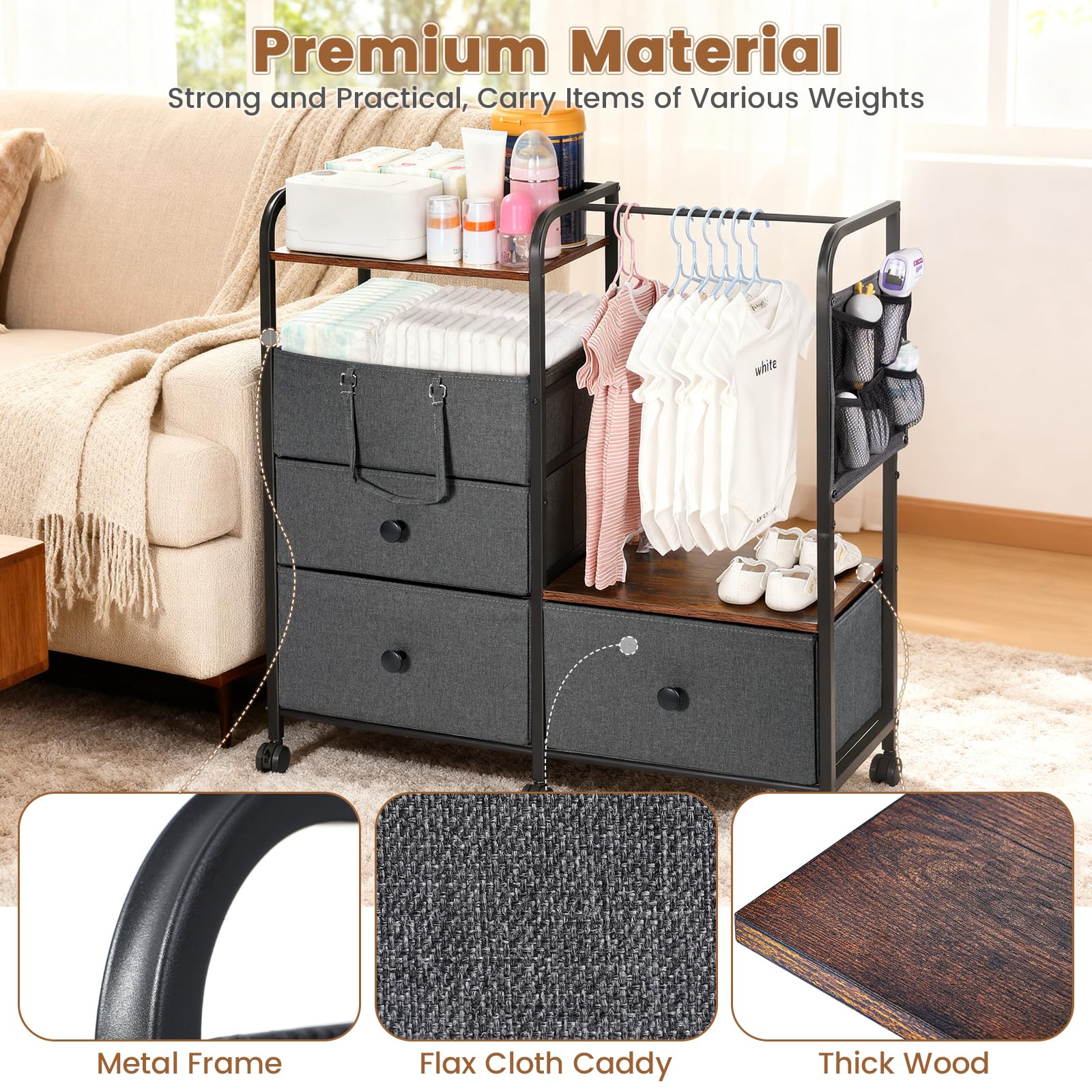 Orzbow large drawers store diapers and clothes neatly.