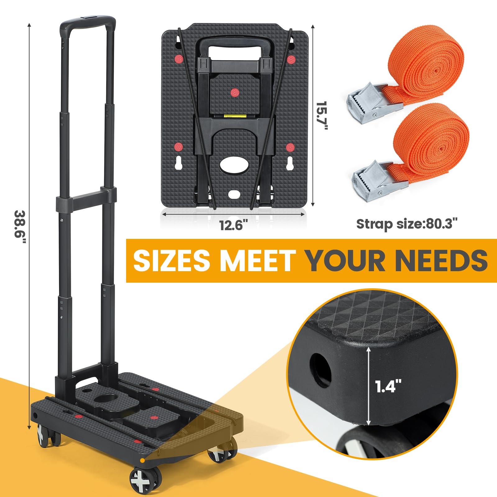 Orzbow luggage cart with bungee straps secures items during travel.