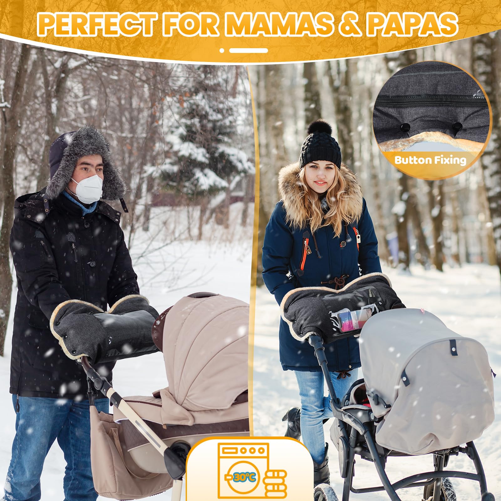 Orzbow machine-washable stroller gloves simplify winter cleanup.