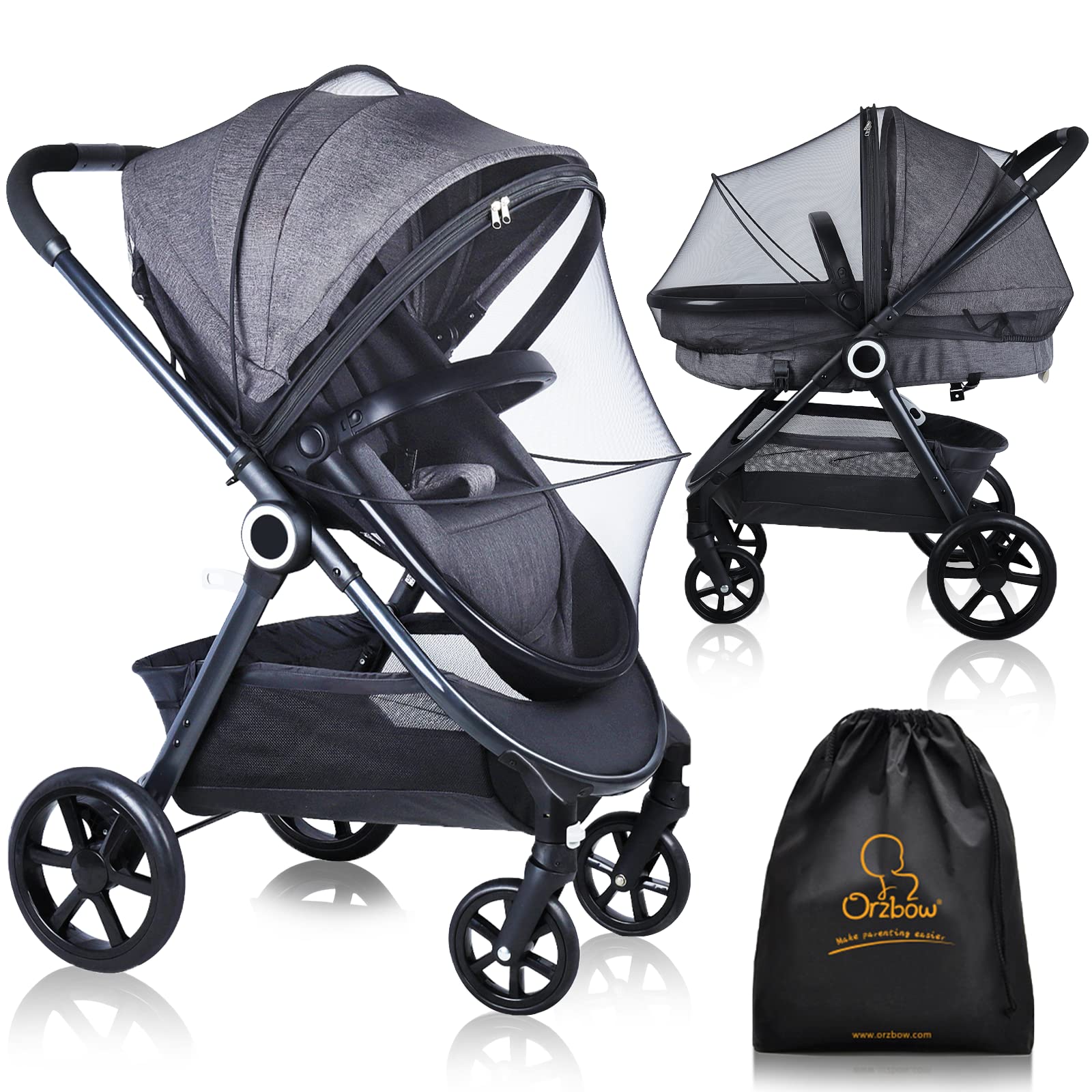 Orzbow stroller mosquito net protecting baby outdoors from insects.