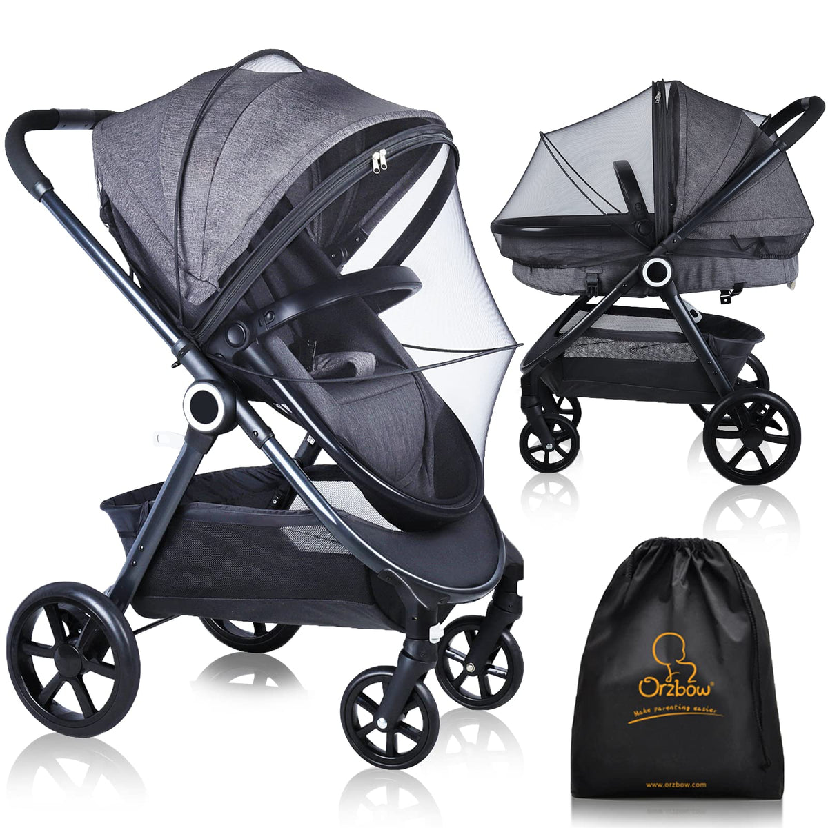Orzbow stroller mosquito net protecting baby outdoors from insects.