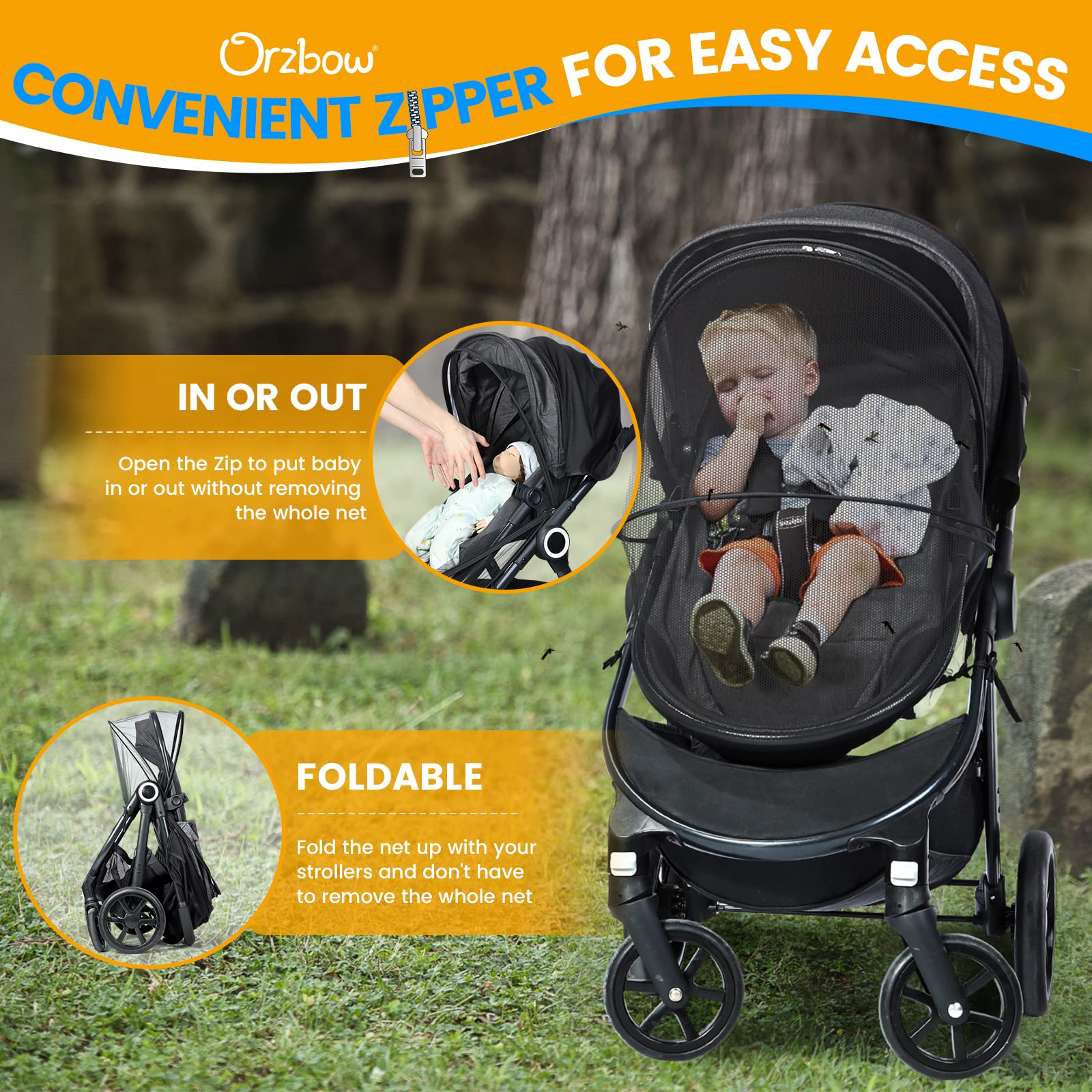 Orzbow net-elastic-edging-easy-fit secures a universal stroller fit.