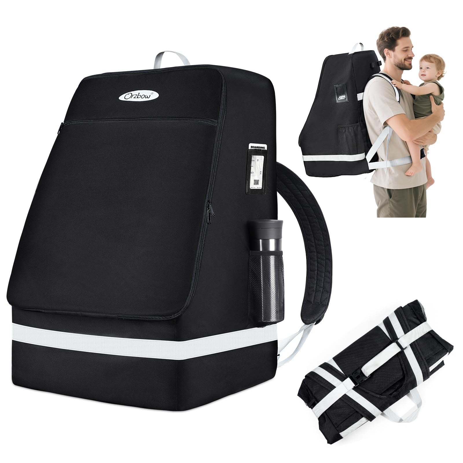 Orzbow padded car seat travel bag used as a backpack for easy airport travel.