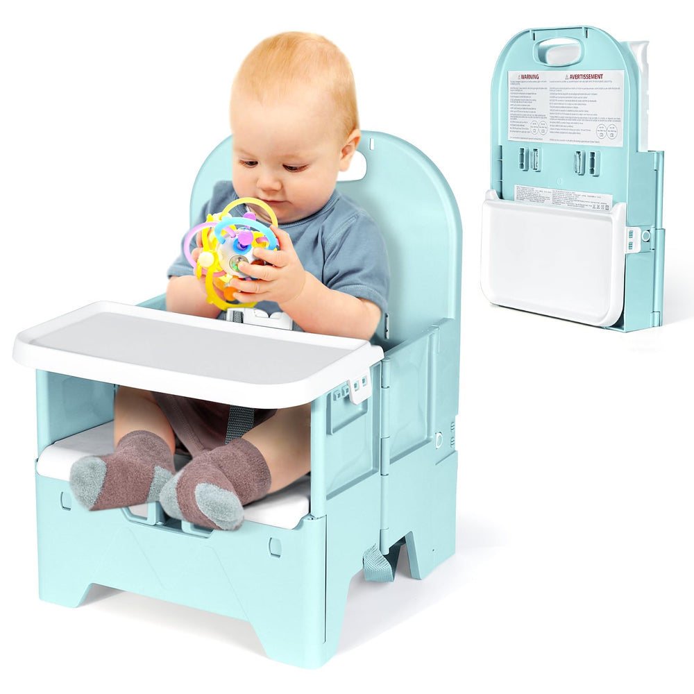 Orzbow portable high chair with tray folded for travel and storage.