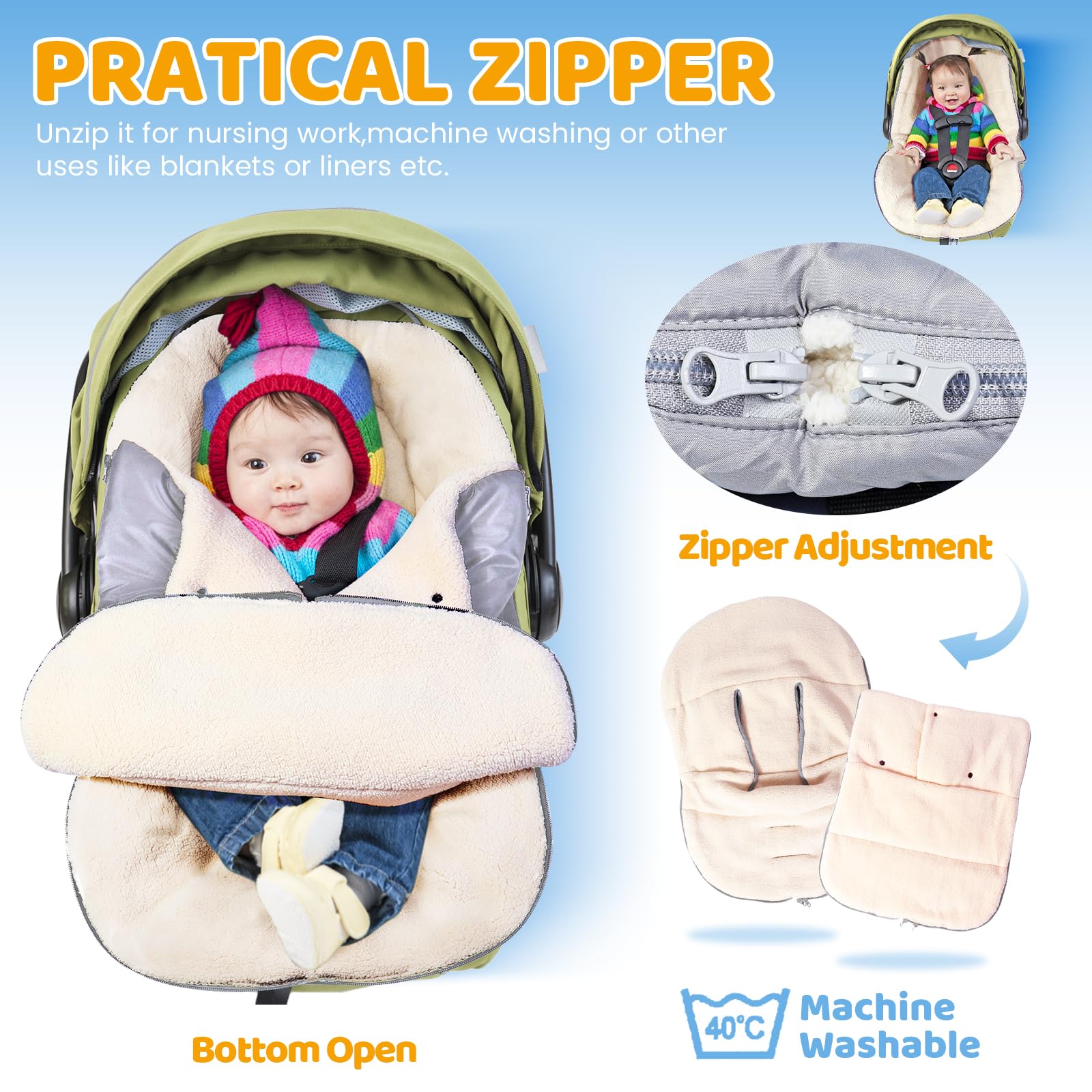 Orzbow Practical Zipper Carseat Cover allows easy bottom access.