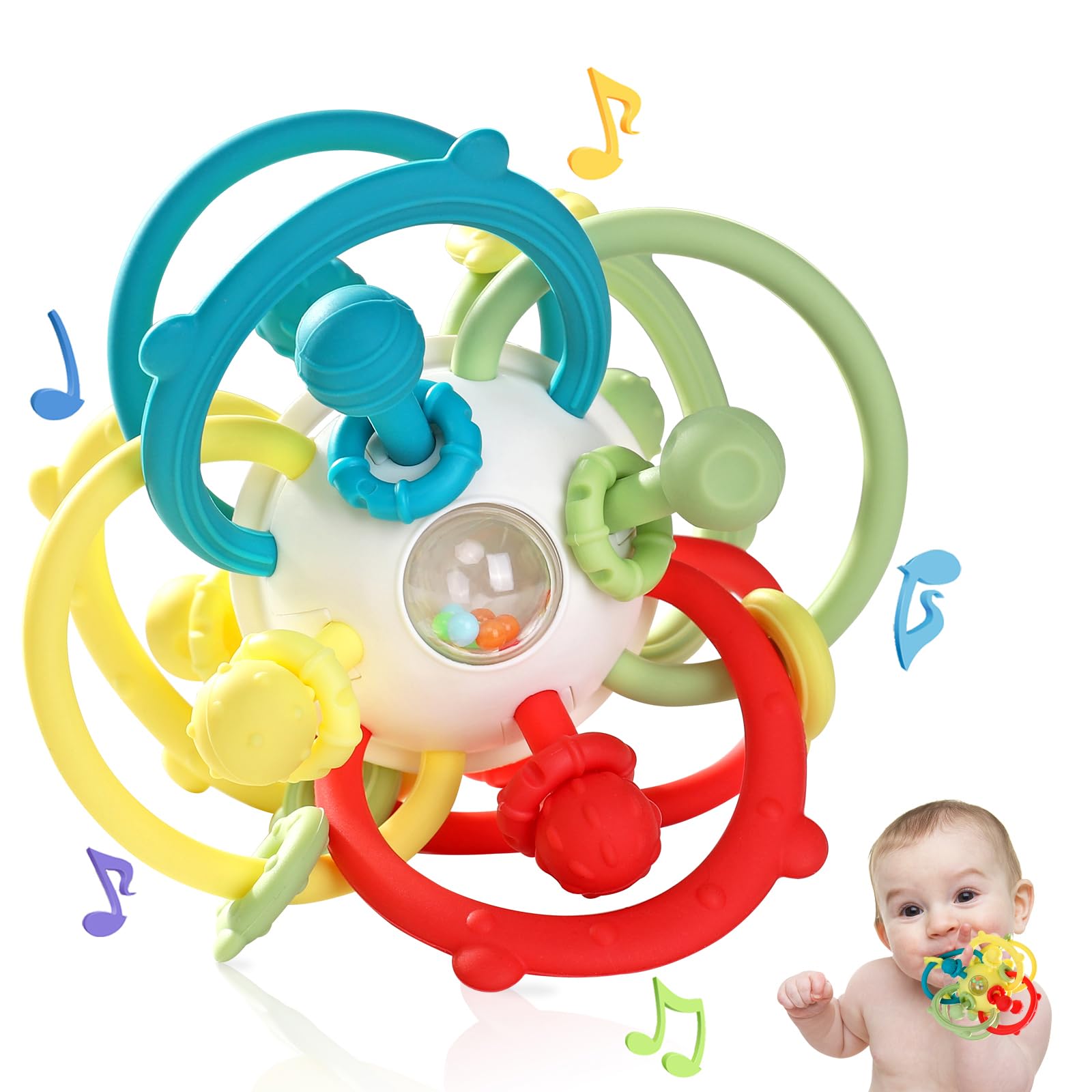 Orzbow rattle sensory toy with eight textured silicone rings for engaging grip and exploration.