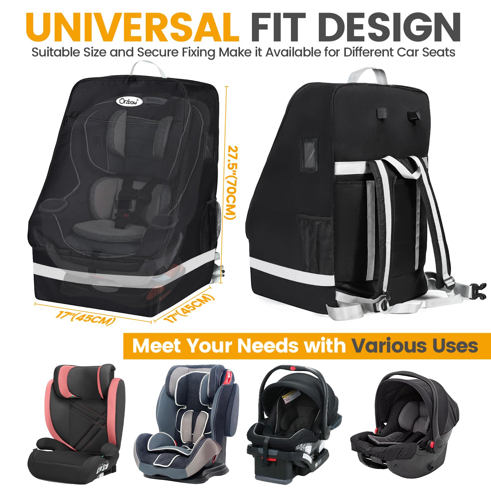 Orzbow car seat bag with reflective stripes improves visibility at night.