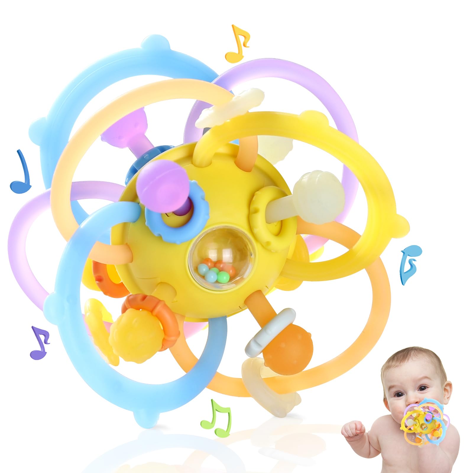 Orzbow sensory teething toy with eight textured rings aiding early grasping and teething exploration.