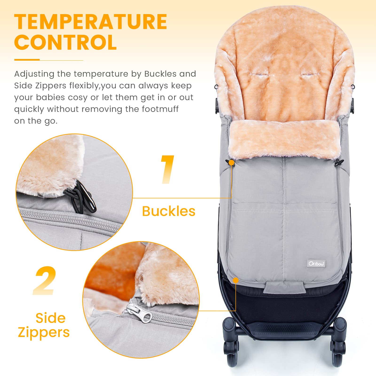 Orzbow footmuff back design provides secure coverage on most strollers