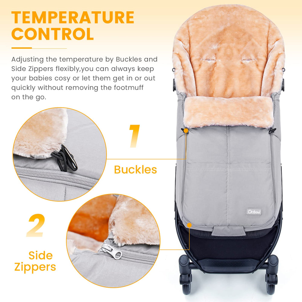 Orzbow footmuff back design provides secure coverage on most strollers