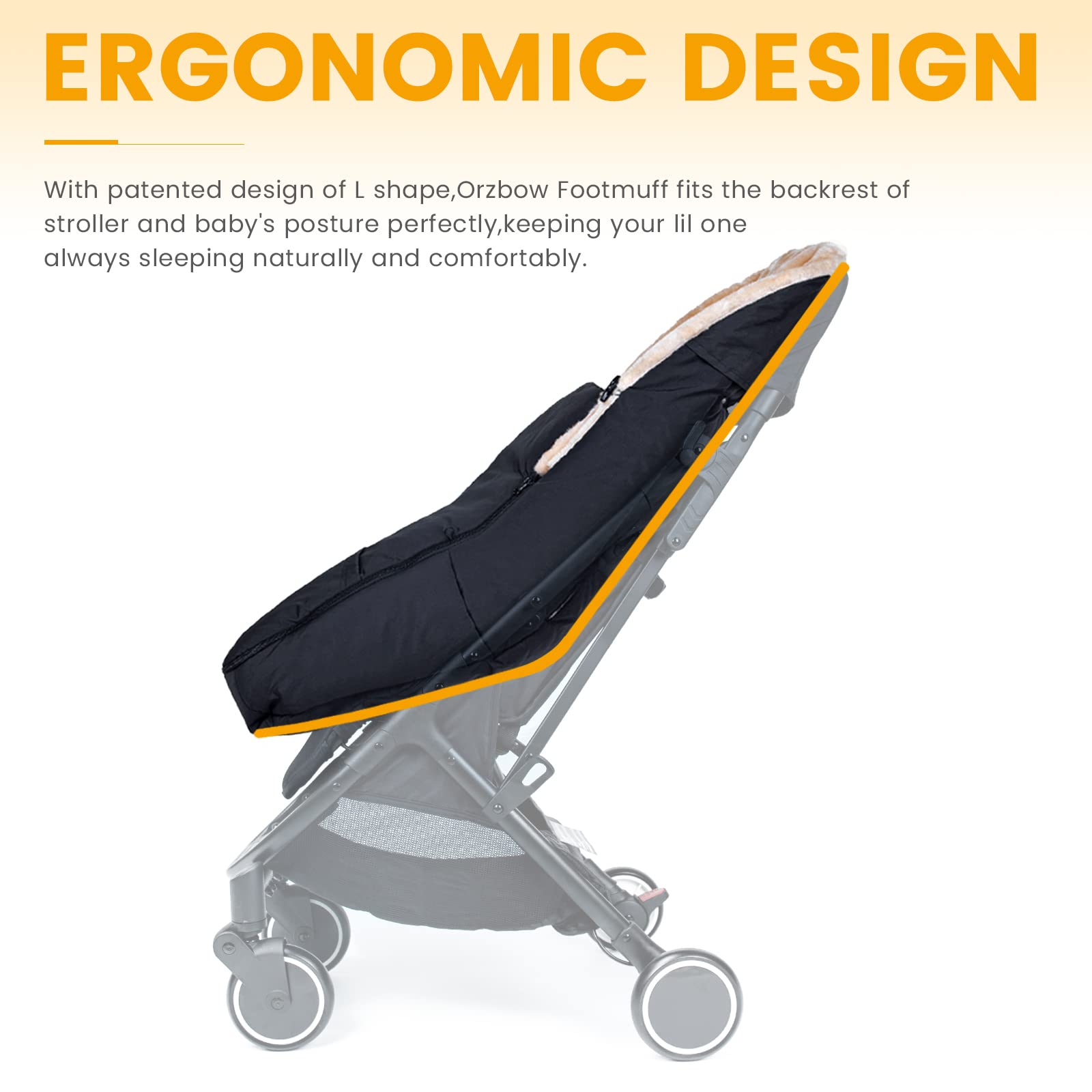 Orzbow stroller footmuff L shaped back design secures coverage on the seat.