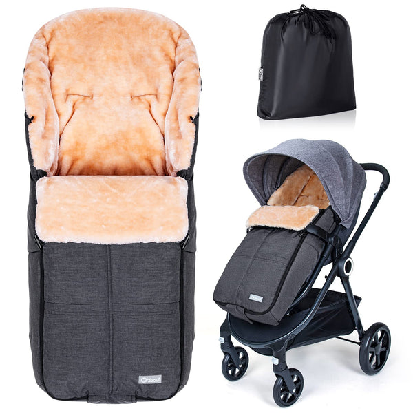 Orzbow stroller footmuff mounted on a stroller, cozy warmth for a chilly walk.