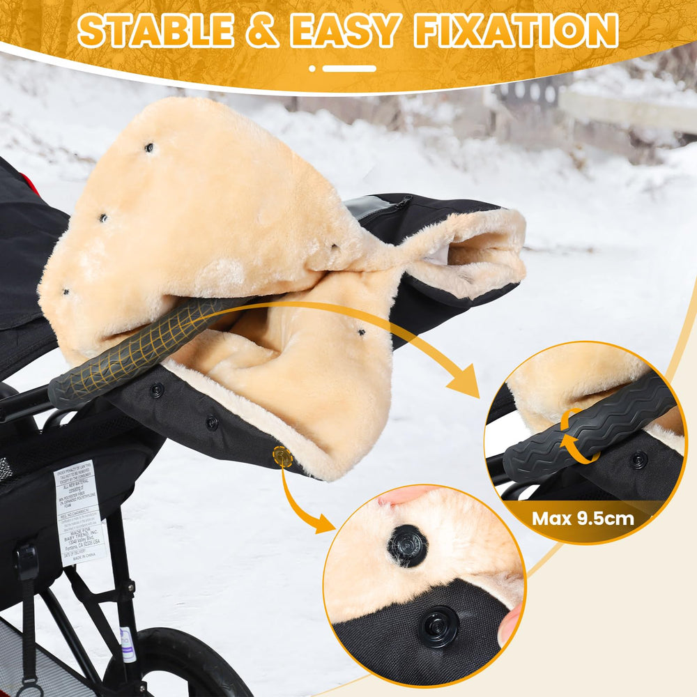 Orzbow stroller mitts zipper pocket detail enables easy phone storage.