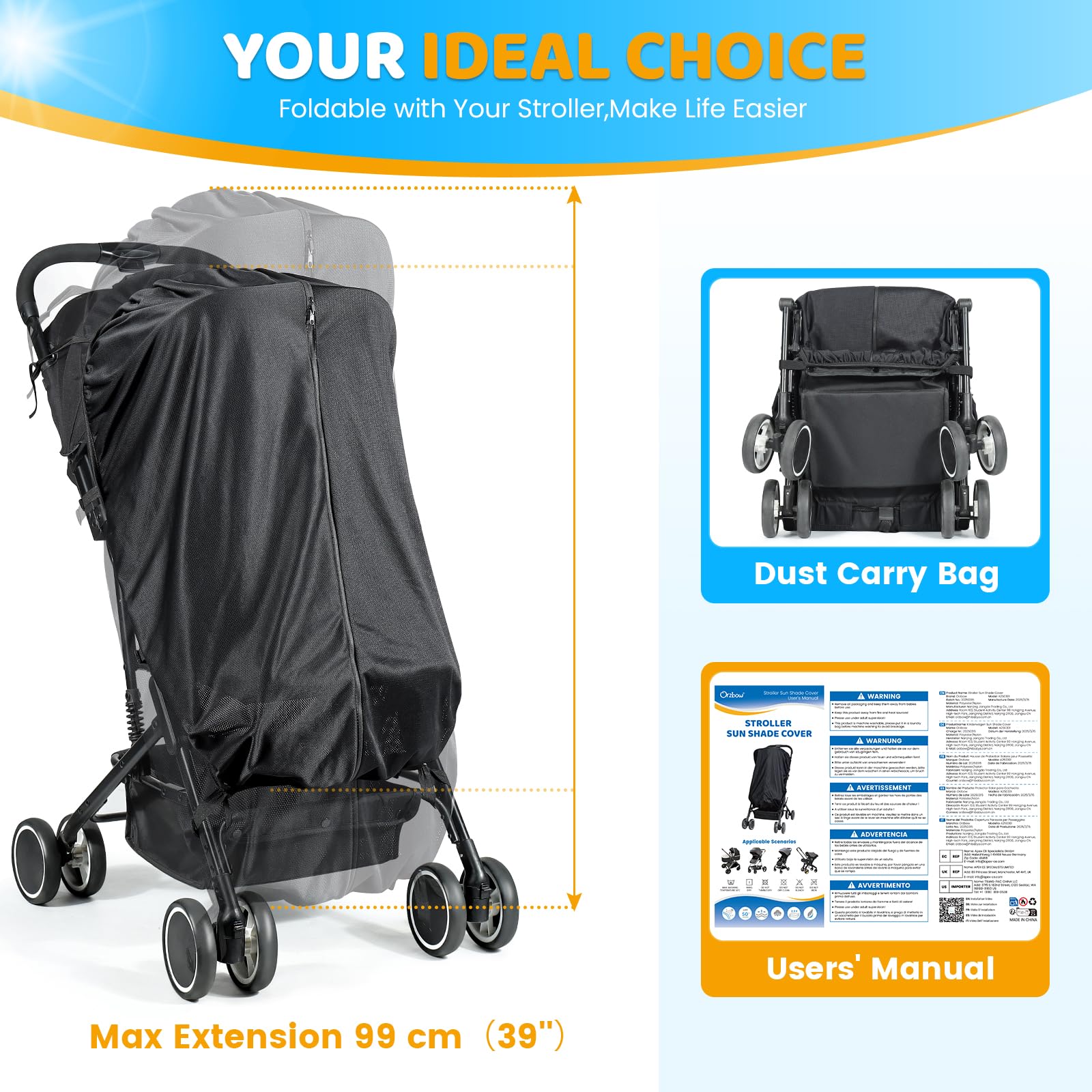 Orzbow sun shade folds neatly with the stroller for portable storage.