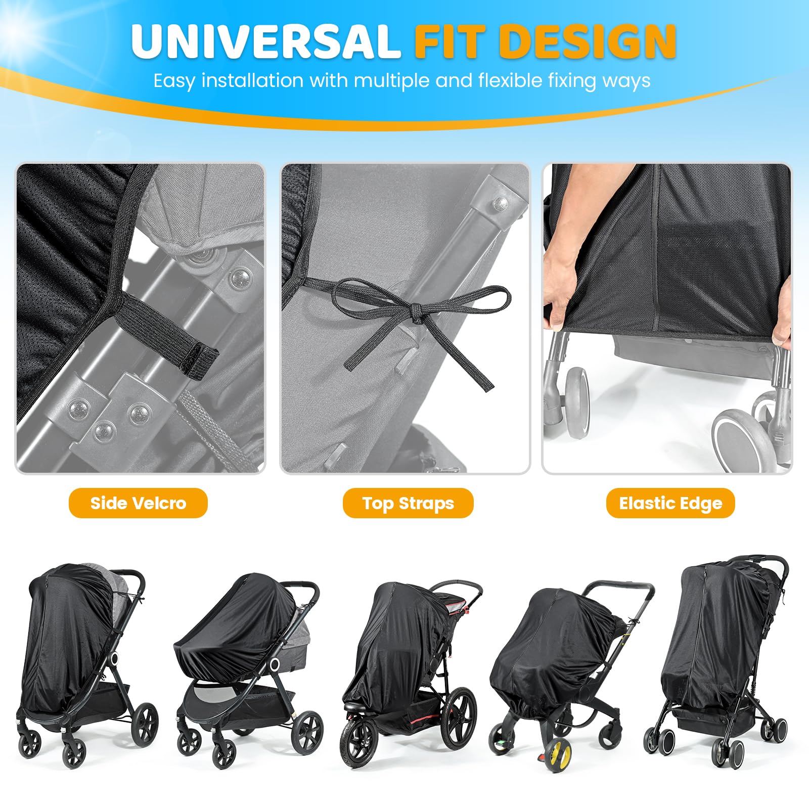 Orzbow universal-fit shade stretches to fit most strollers.