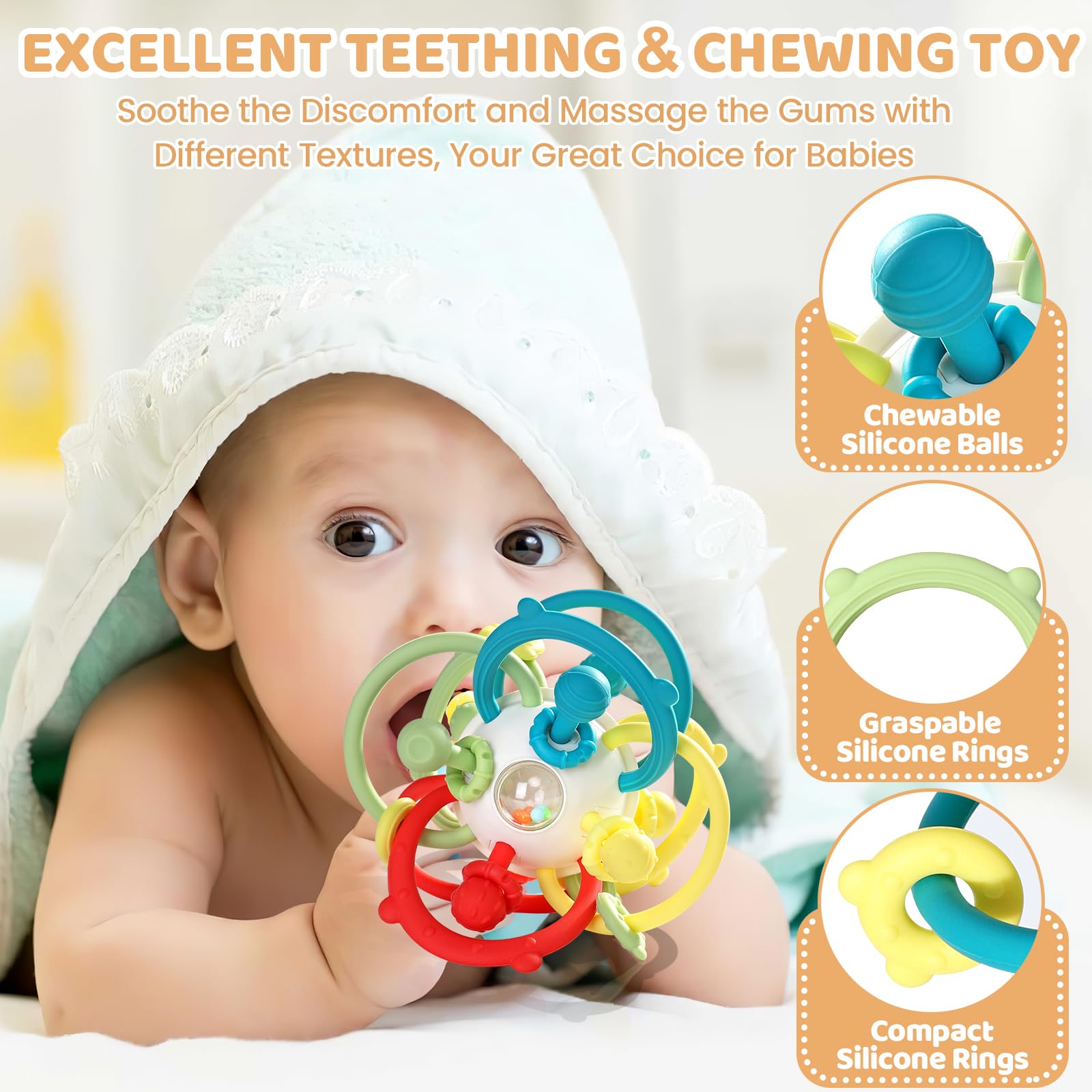 Orzbow teething toy featuring colorful silicone rings for color recognition and teething relief.