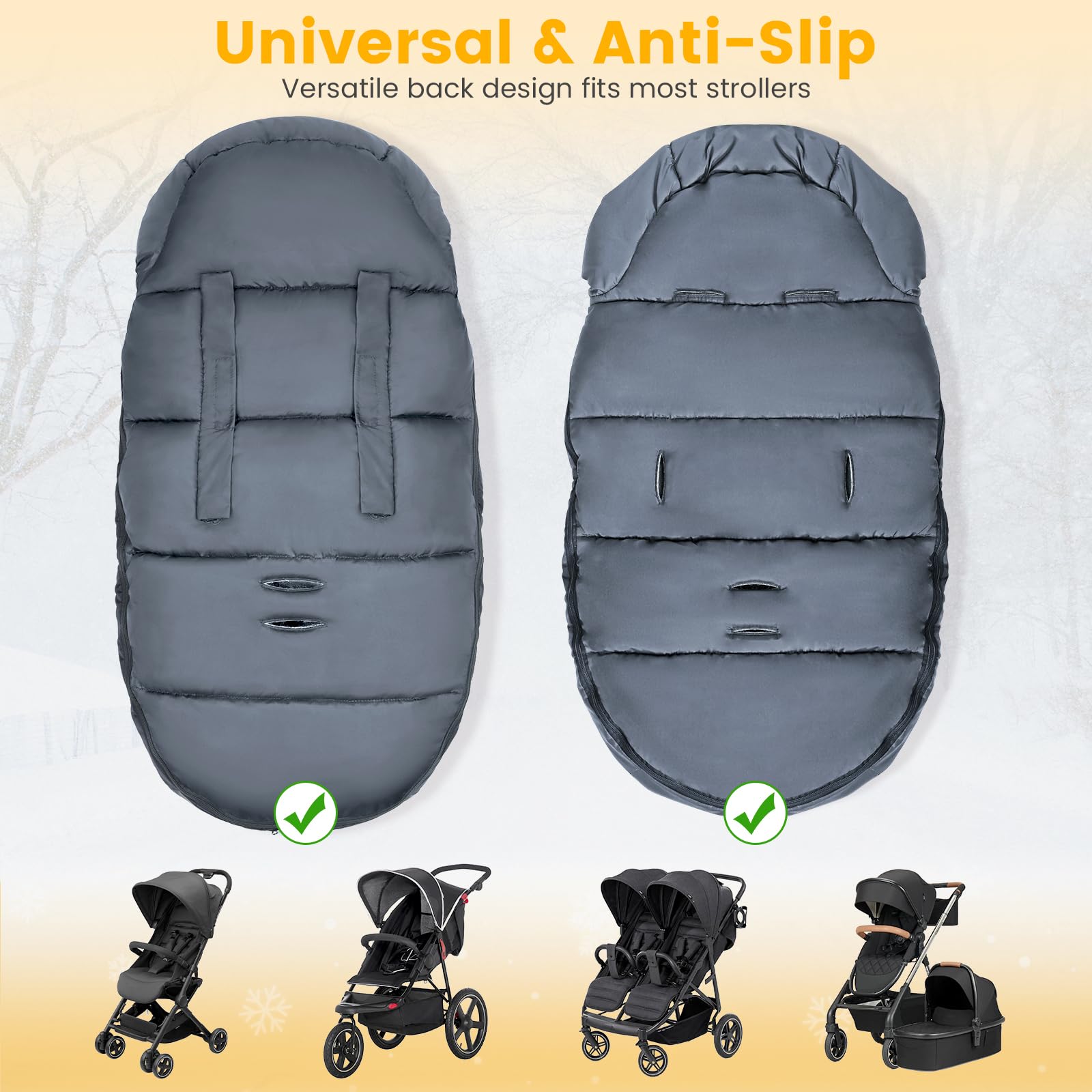 Orzbow footmuff shows two-way zippers and buttons for quick changes on the go.