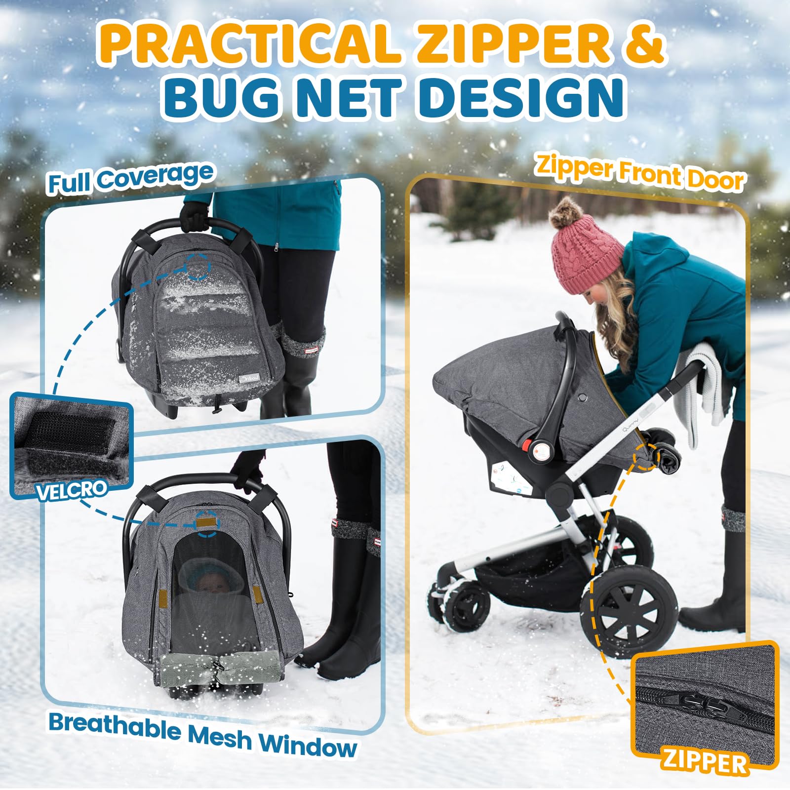 Orzbow universal-fit elastic hem secures on most seats and Doona strollers