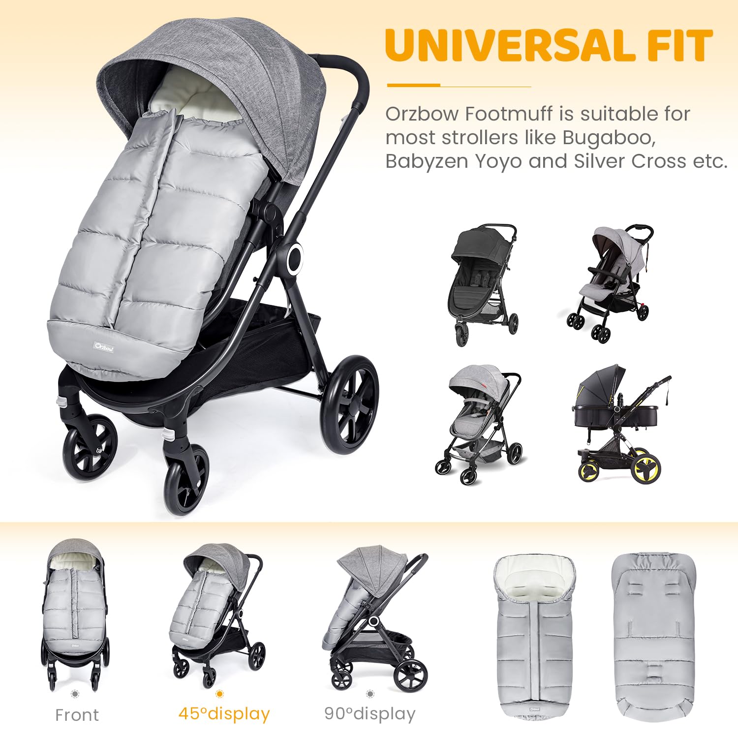 Orzbow footmuff full-zip design enables quick diaper changes without removal.
