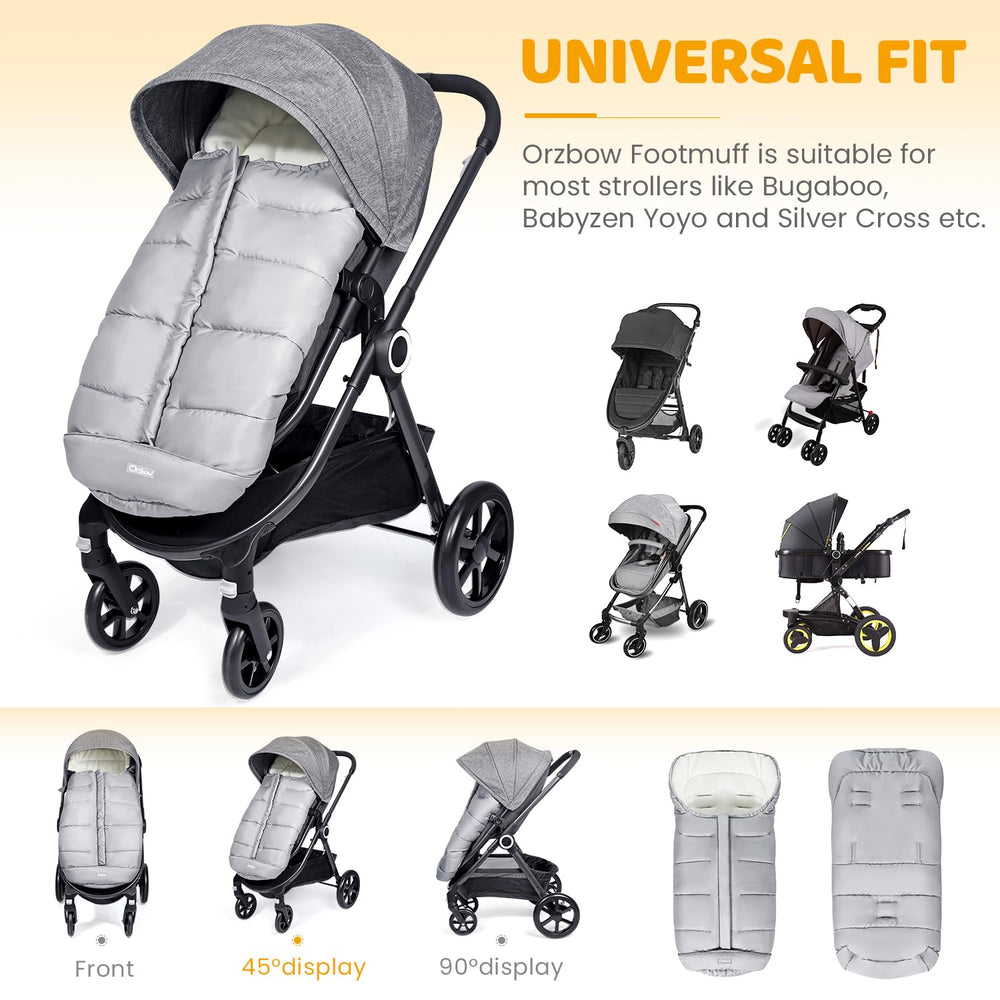 Orzbow footmuff full-zip design enables quick diaper changes without removal.