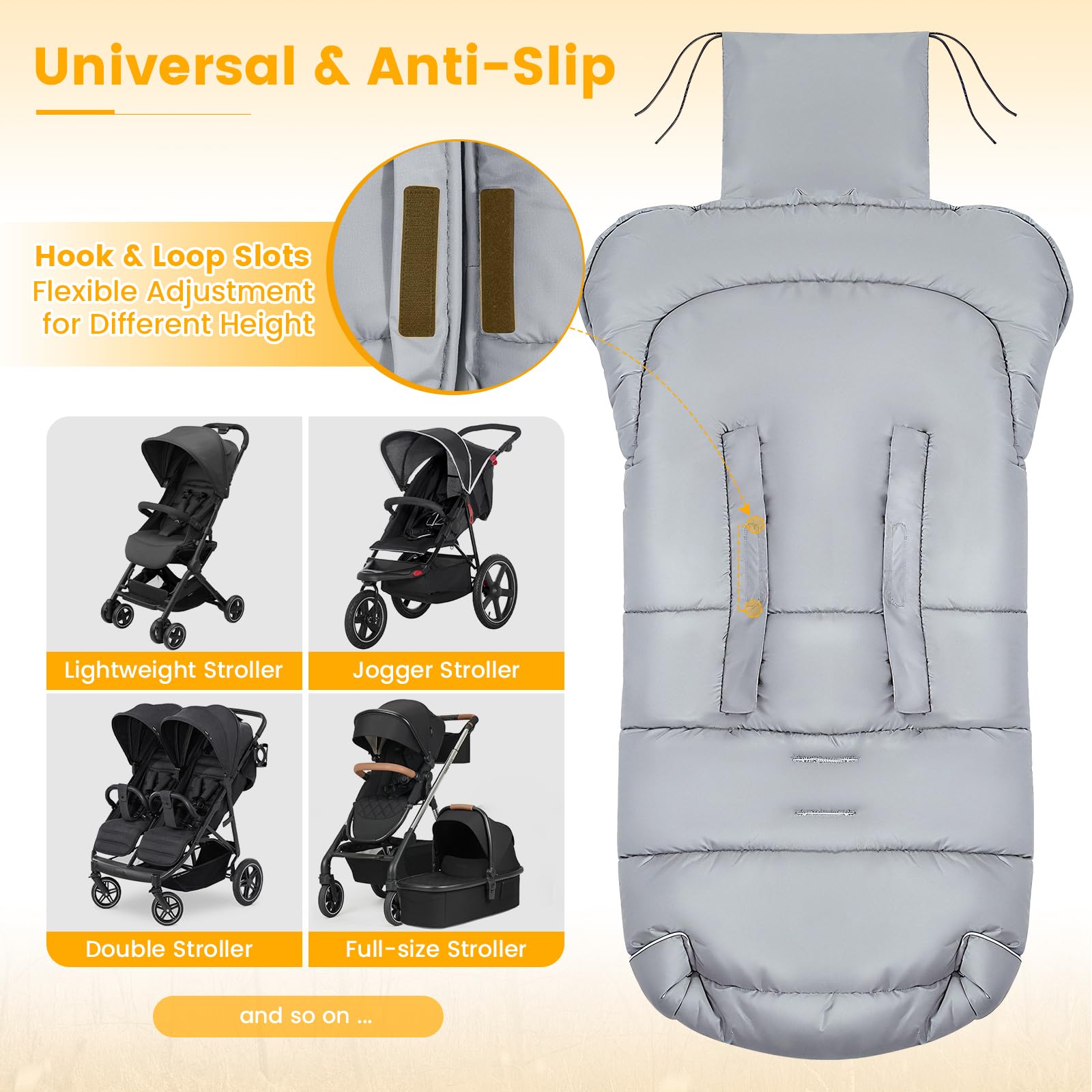 Orzbow footmuff with harness slots fits most strollers for secure use.