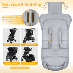 Orzbow footmuff with harness slots fits most strollers for secure use.