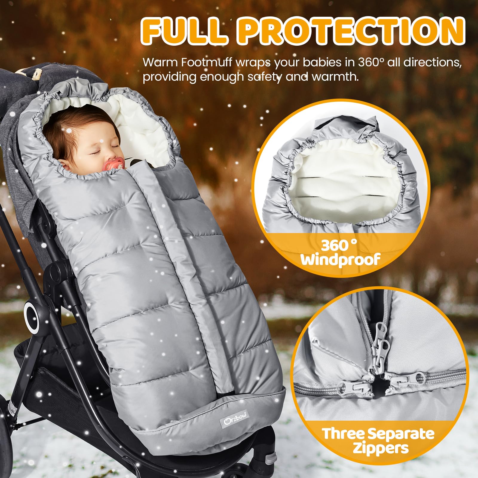 Orzbow footmuff waterproof fabric close-up shows durable weather protection.