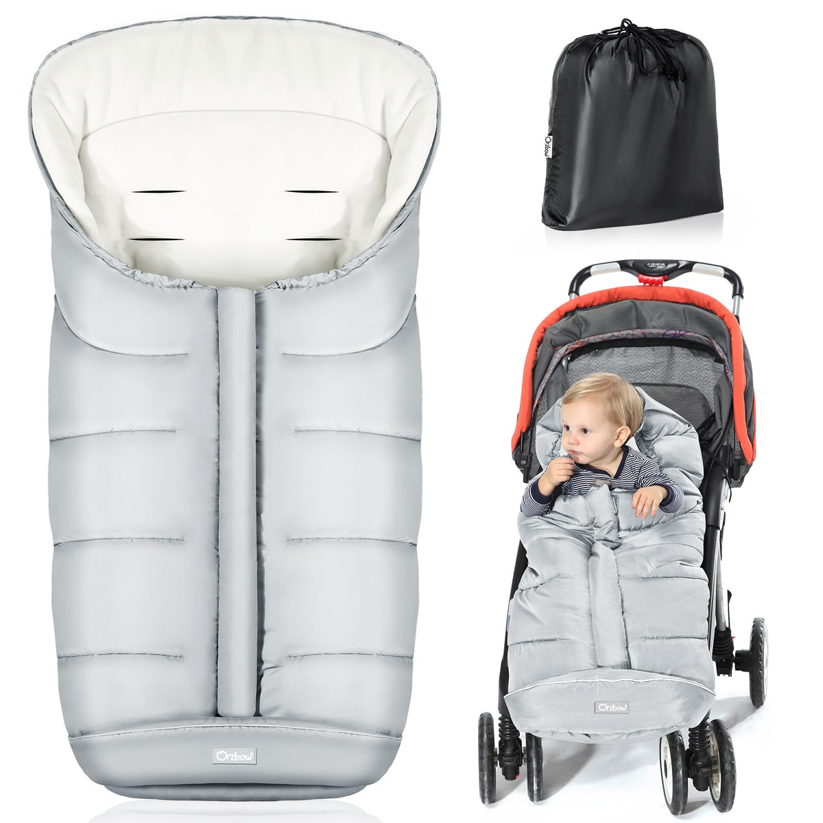 Orzbow universal footmuff with winter hood provides extra warmth on chilly stroller rides.