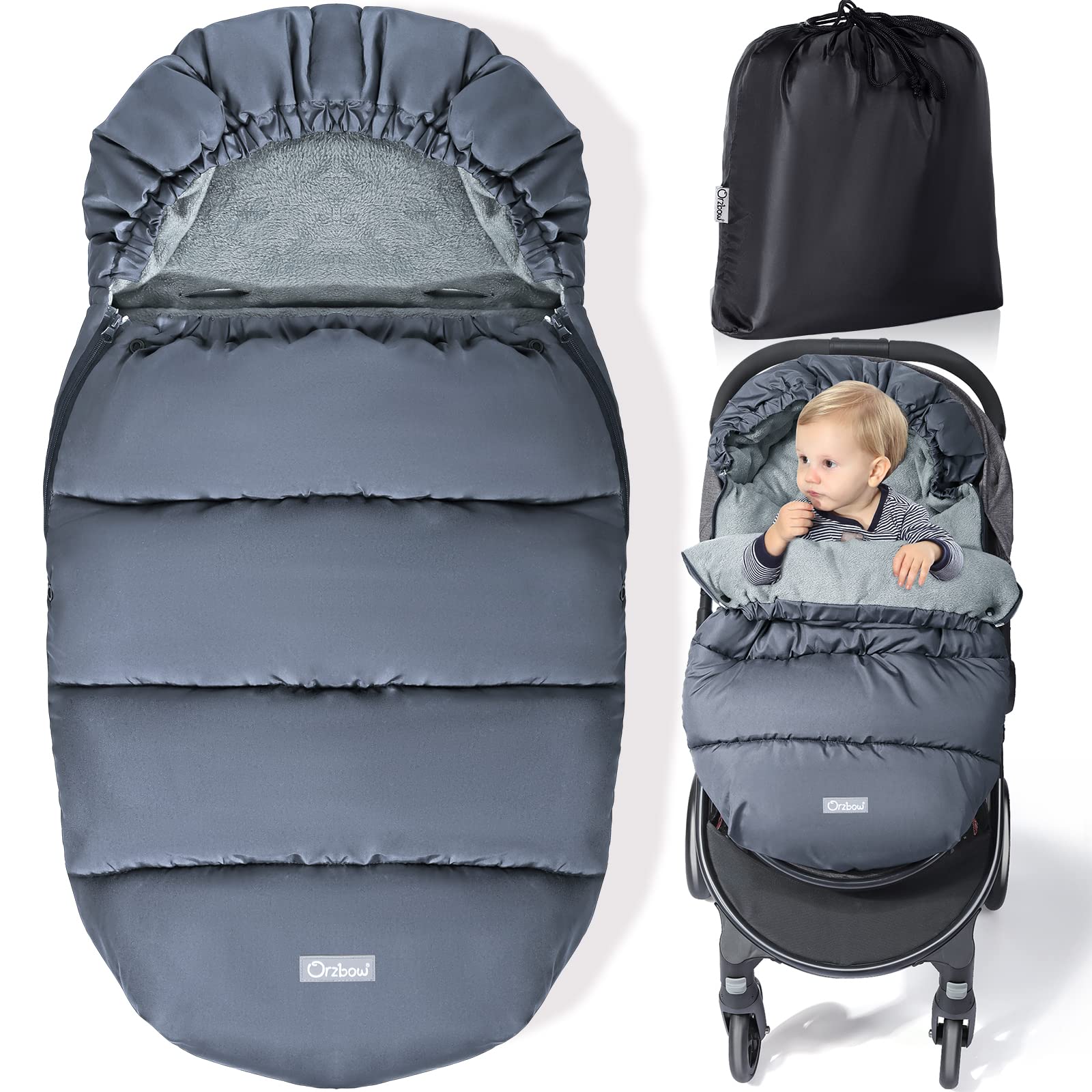 Orzbow universal stroller footmuff hood shields baby's face from cold air.