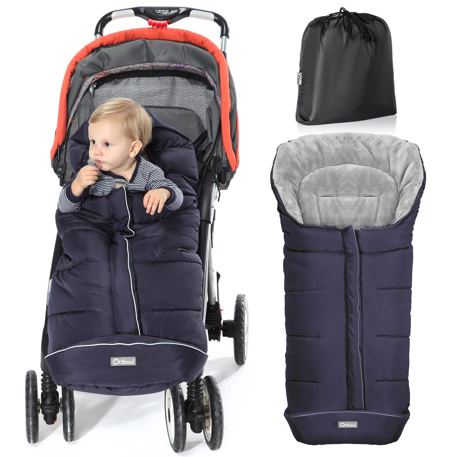 Orzbow Warm Bunting Bag attached to stroller with full-coverage in cold weather