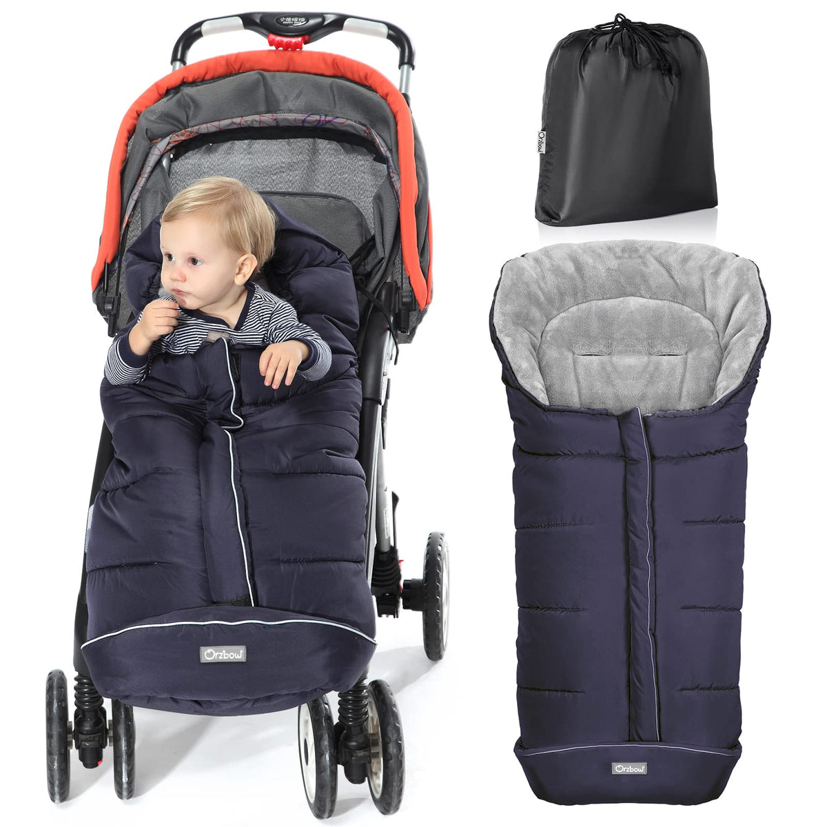 Orzbow Warm Bunting Bag attached to stroller with full-coverage in cold weather