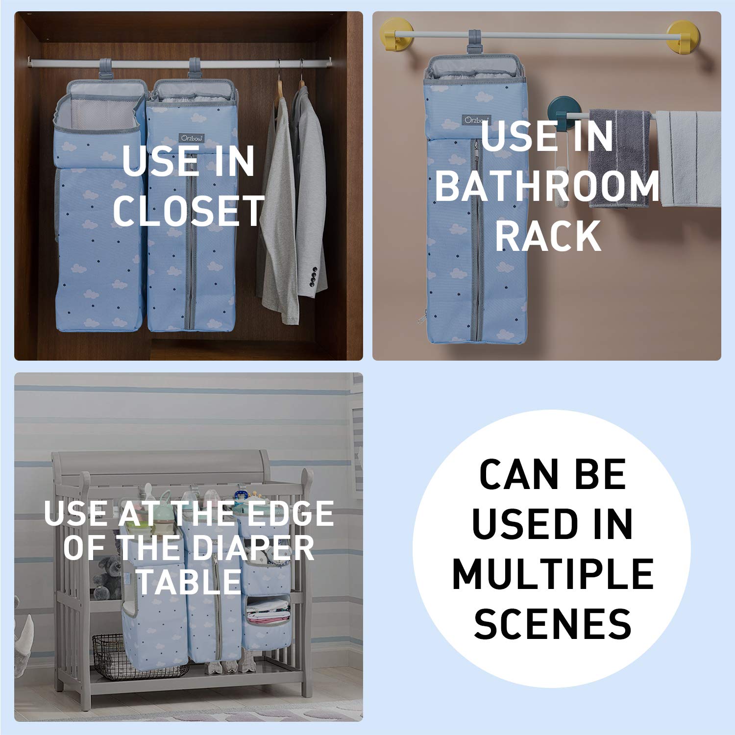 Orzbow diaper storage organizer close-up shows waterproof 300D fabric and sturdy support.