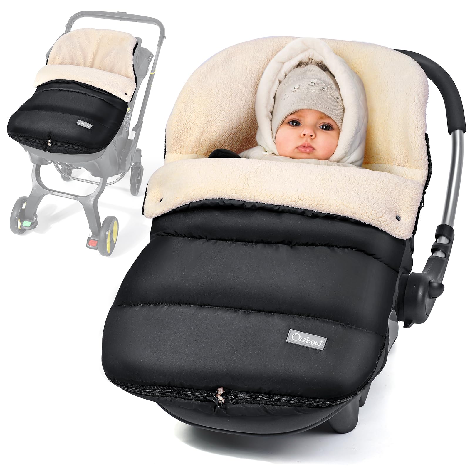 Orzbow winter baby car seat cover front view shows cozy warmth for cold rides