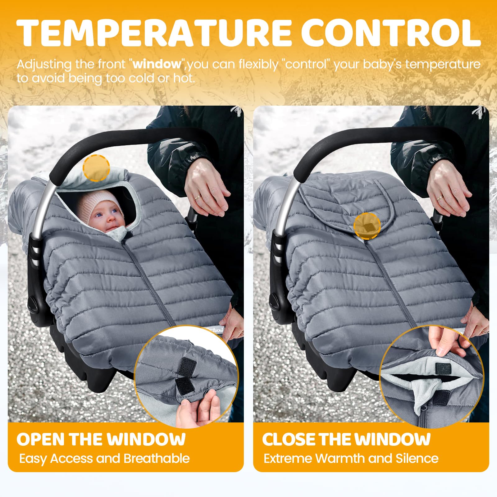 Orzbow seat cover showing front zipper for easy baby in and out.