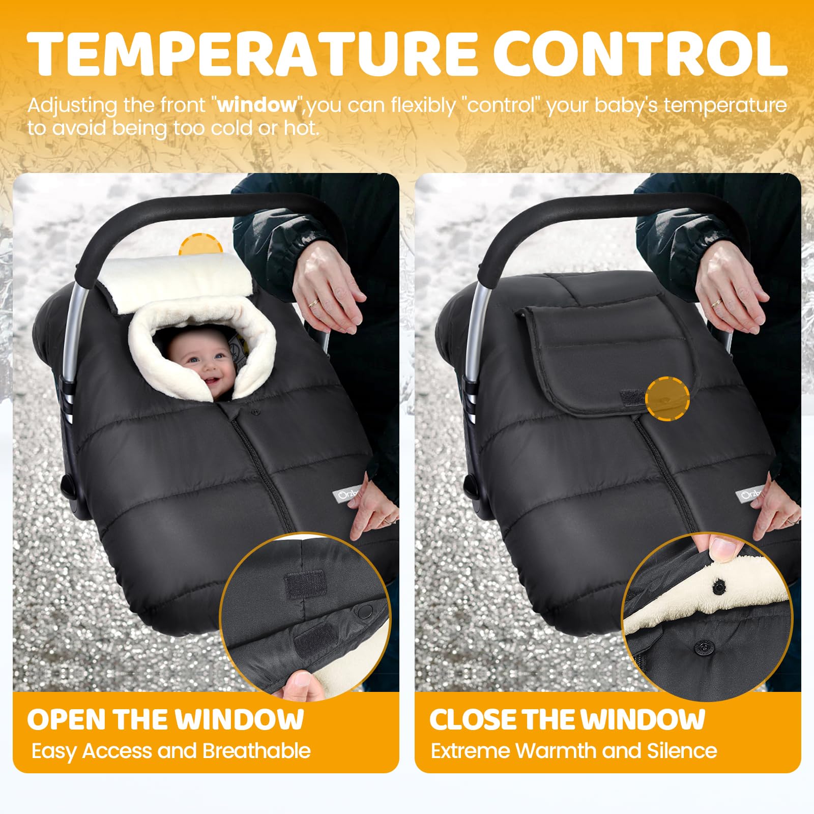 Orzbow waterproof outer fabric shields against snow and spills on winter journeys.