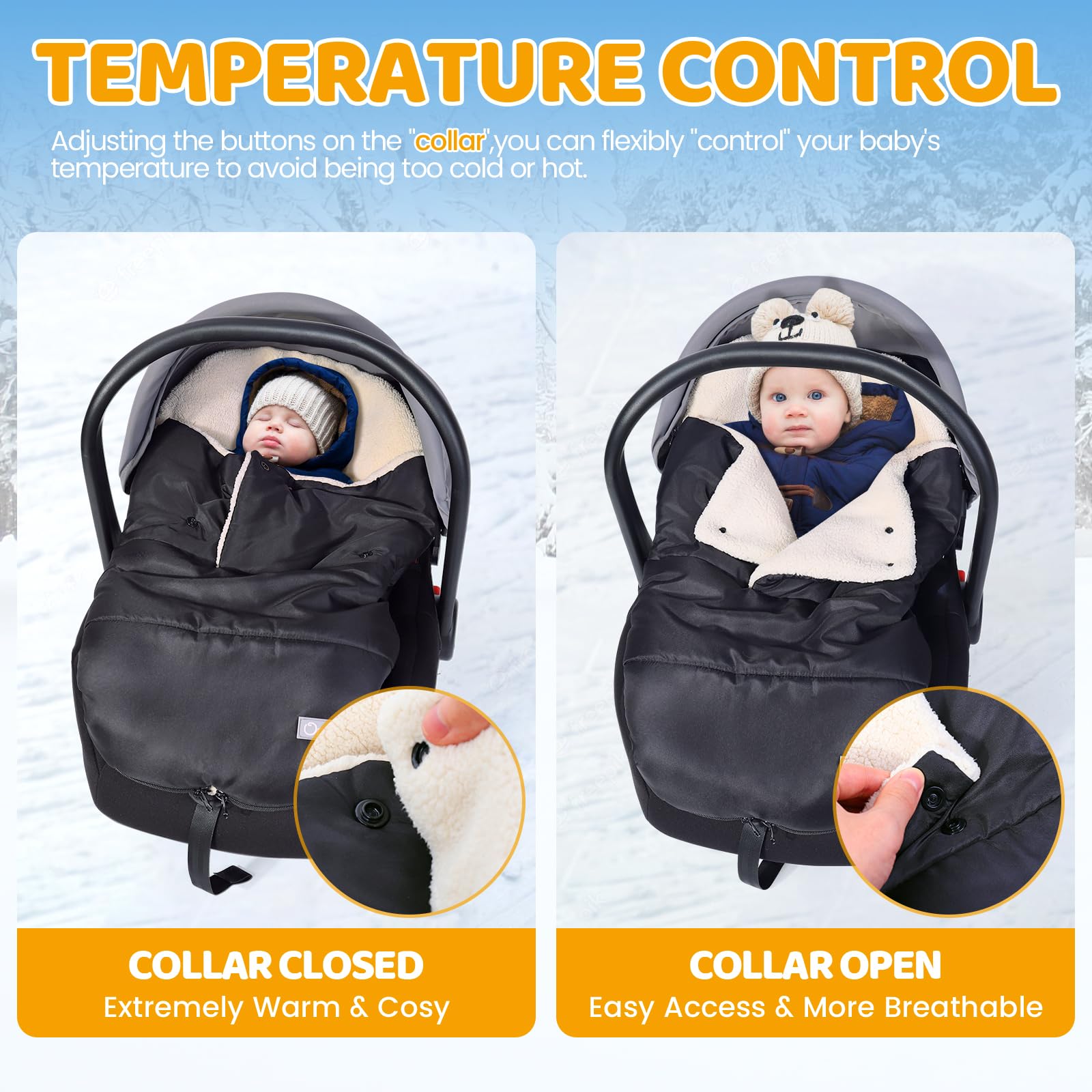 Orzbow winter carseat cover side view highlights wind protection and quick installation.