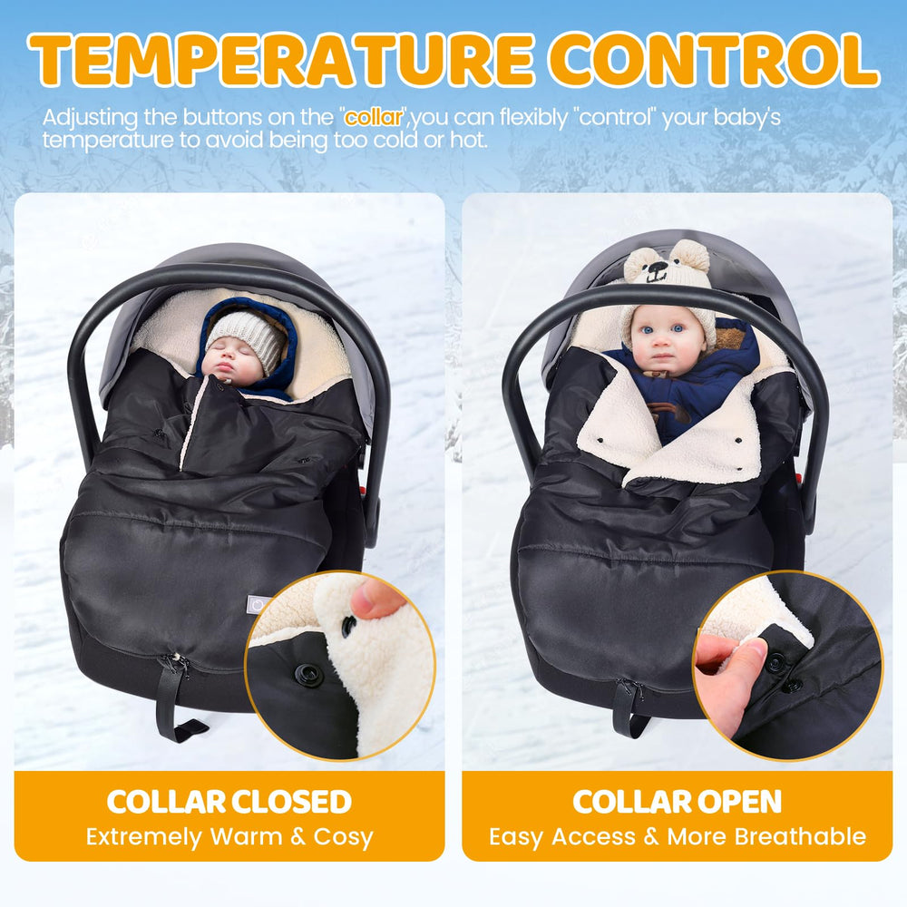 Orzbow winter carseat cover side view highlights wind protection and quick installation.