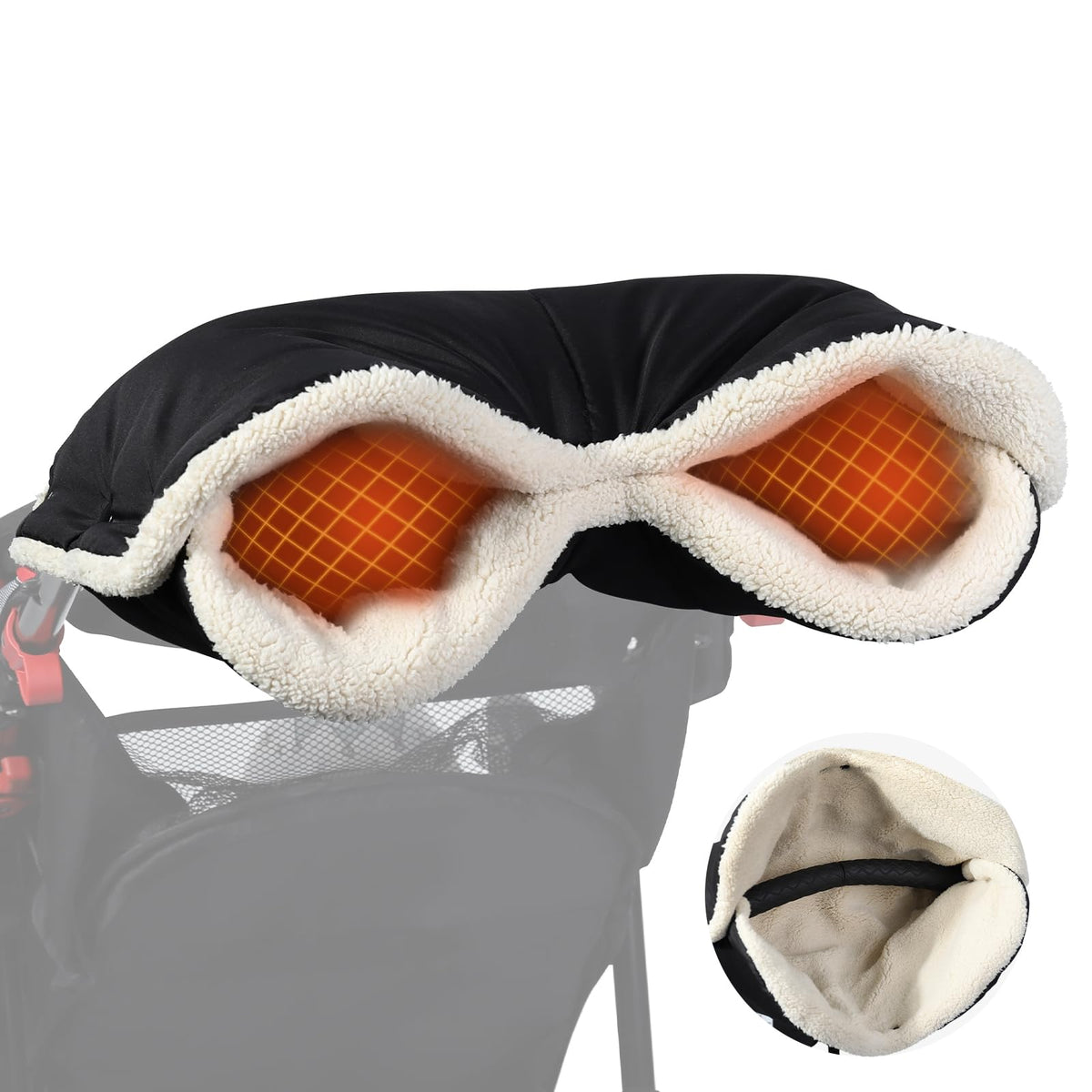 Orzbow Winter Stroller Gloves attached to a stroller handle showing secure fit and warmth.