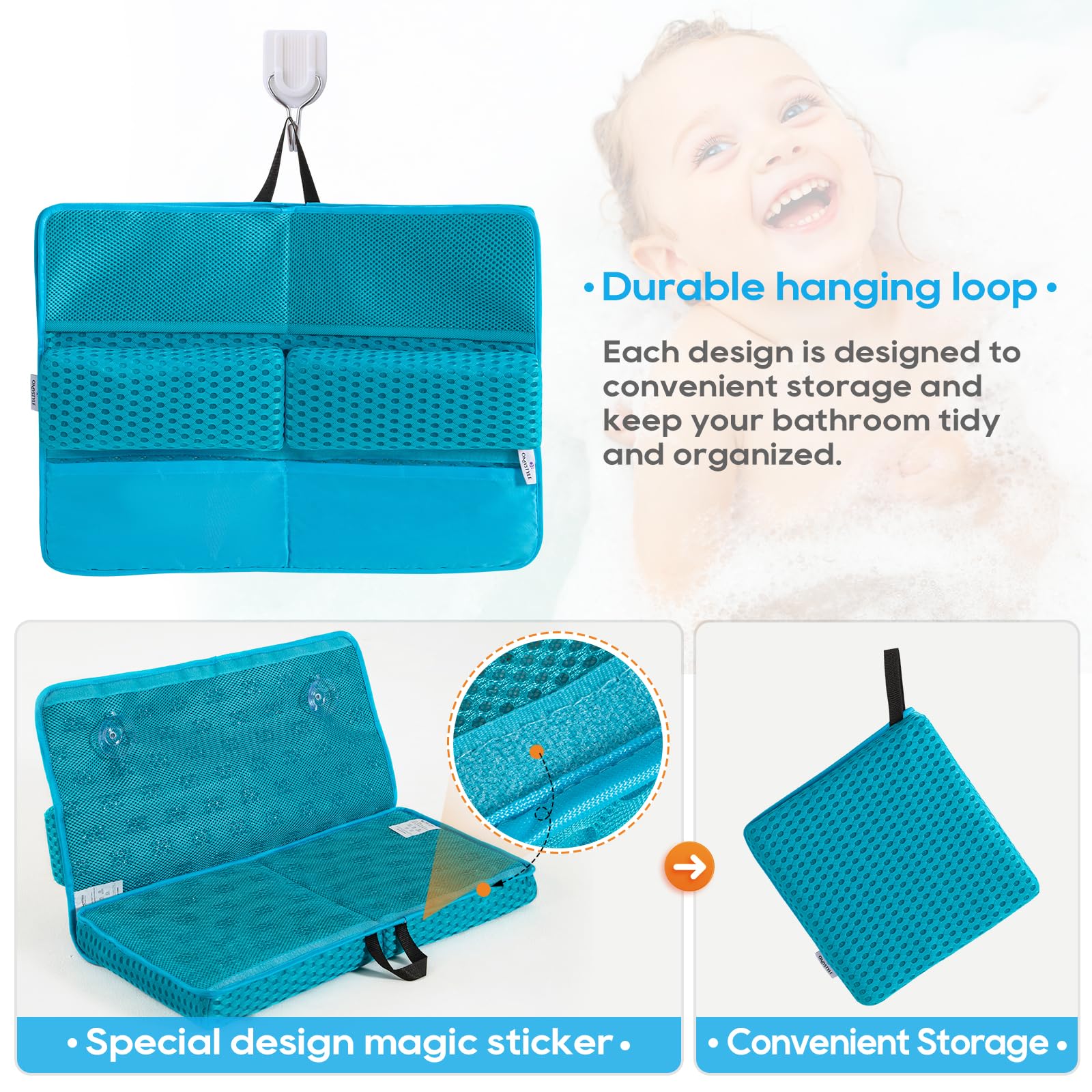 OS OMYSTYLE bath toy accessories organized in large pockets.