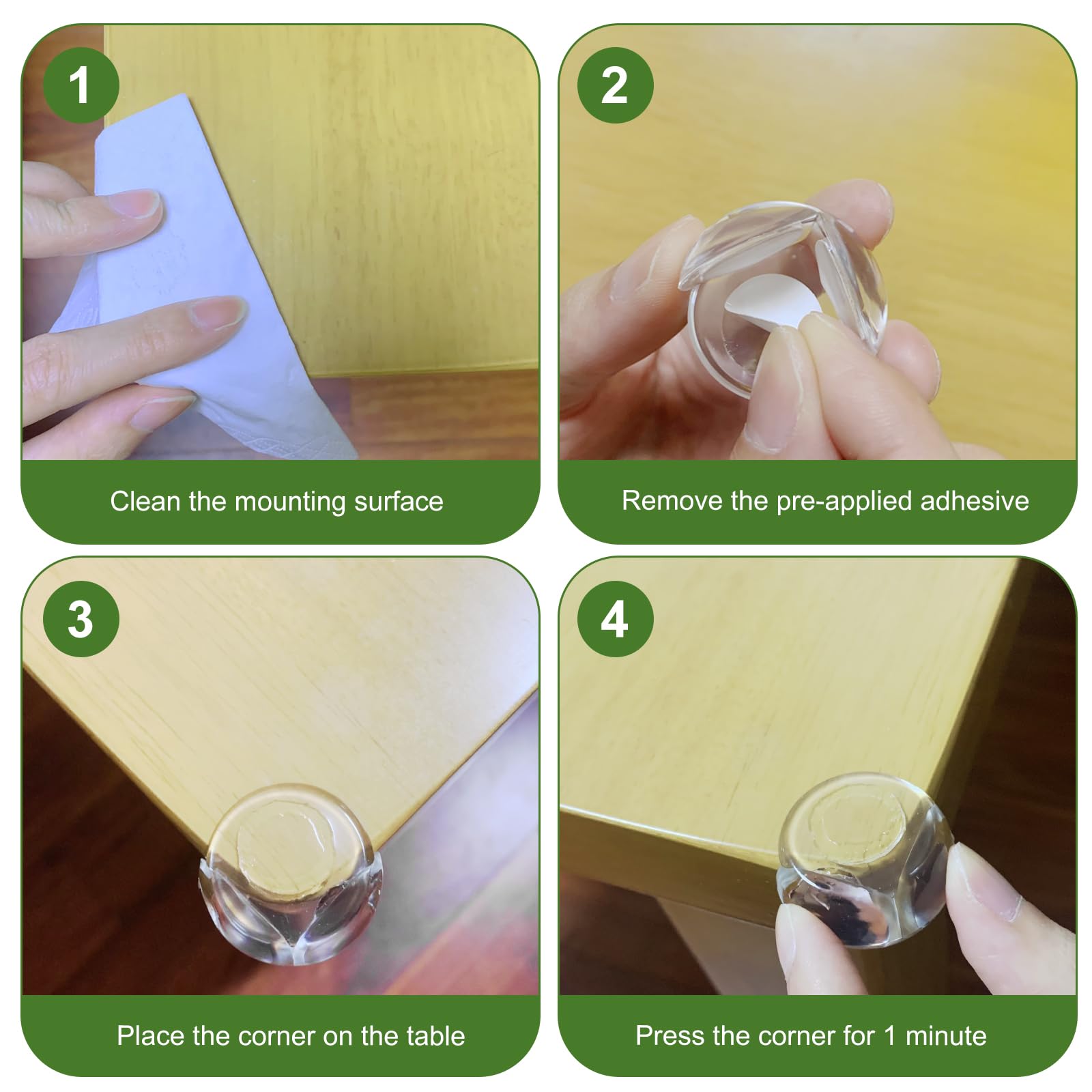 Osareny multi-surface corner protectors on wood, glass, and metal surfaces