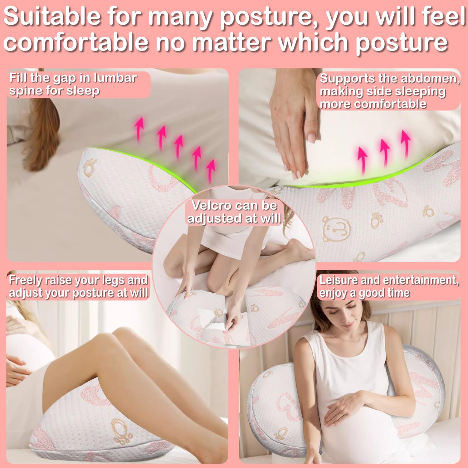 Oskeray pregnancy pillow adapts with adjustable sections for tailored comfort.