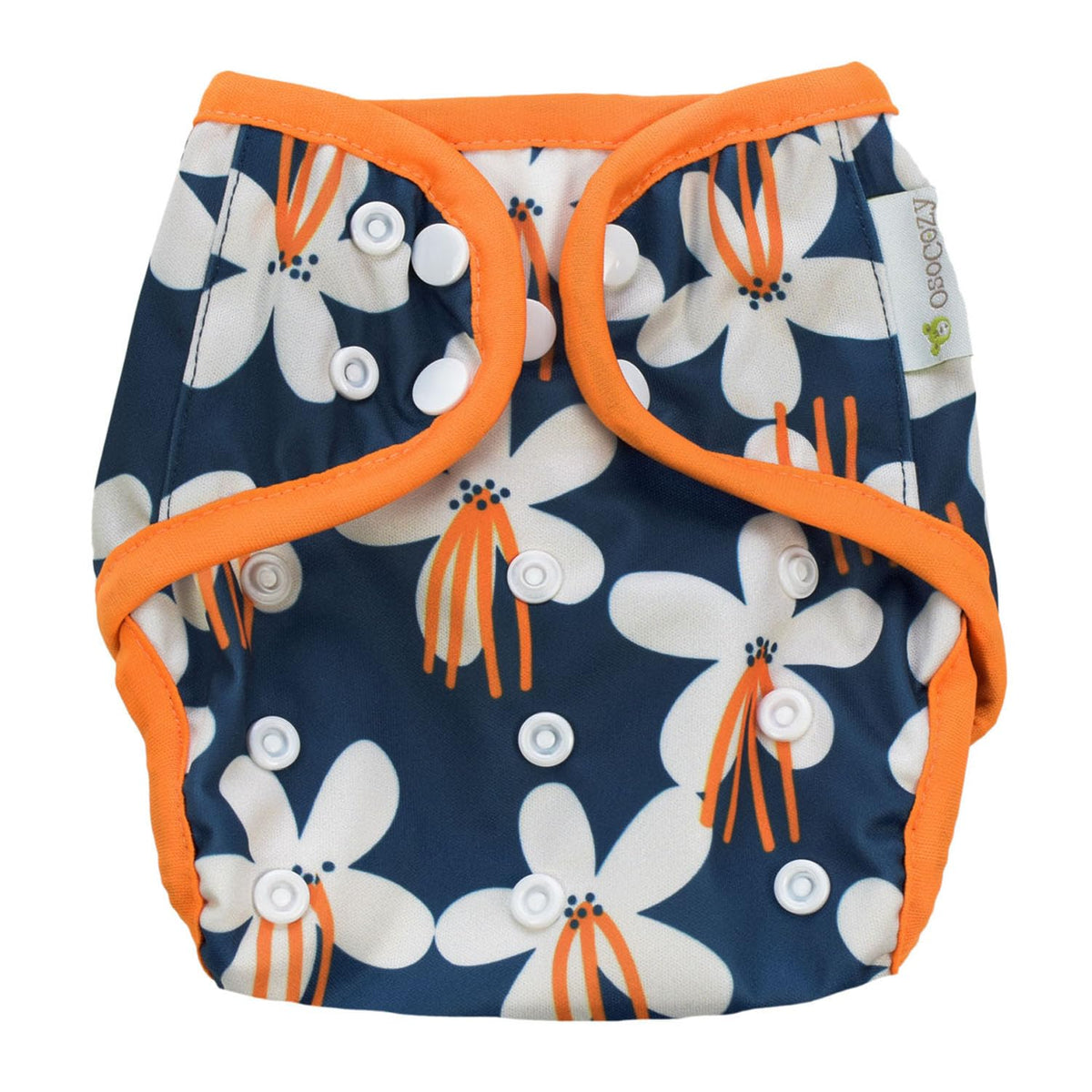 OsoCozy one-size cloth diaper cover with adjustable snap fit for a secure, flexible fit.