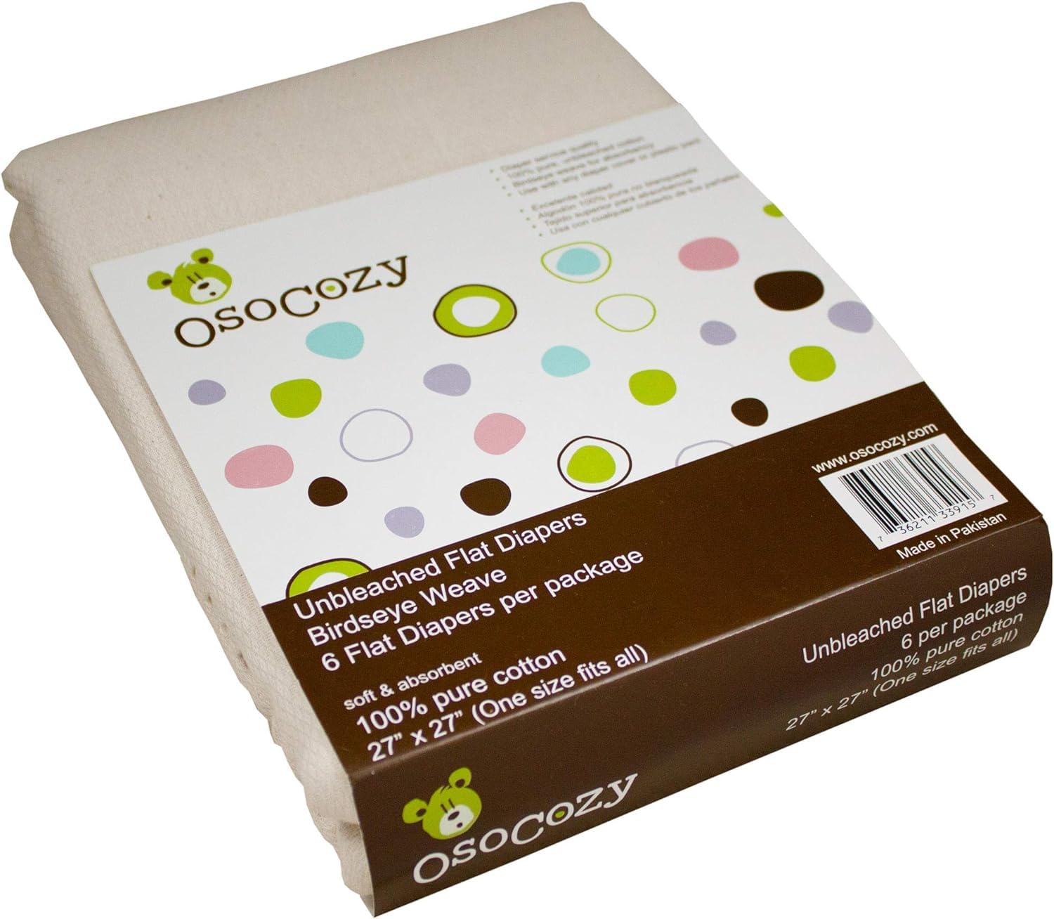 OsoCozy unbleached birdseye flat diaper, 27x27 inches, ideal for versatile folding and absorbency.