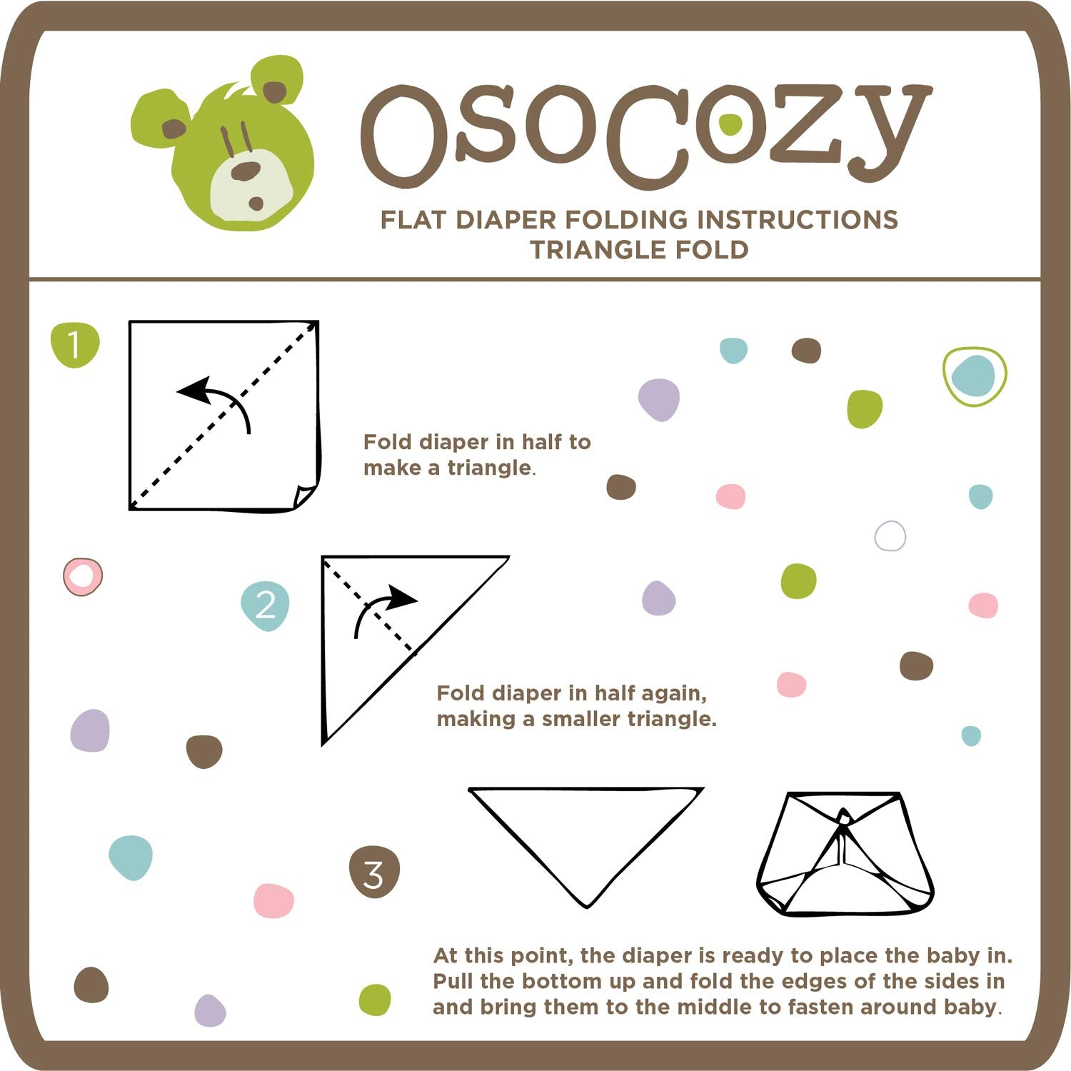 OsoCozy unbleached birdseye flat diaper stacked with folding and washing instructions.
