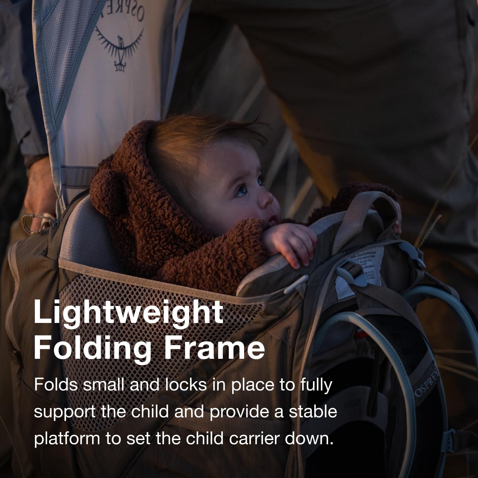 Osprey Poco LT in use on a crowded street for easy handling.