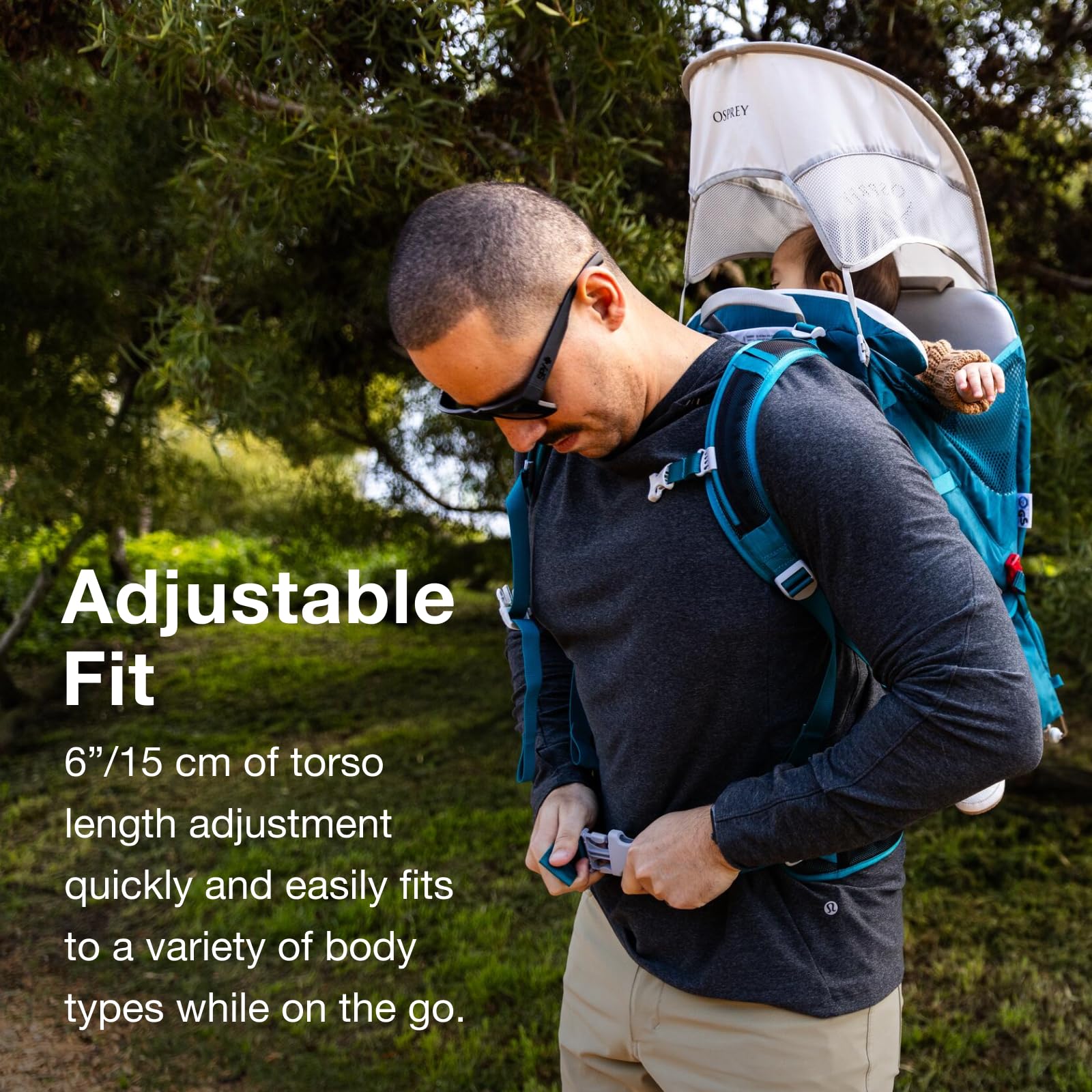 Osprey Poco SLT optional sunshade stores in pocket for sunny days.